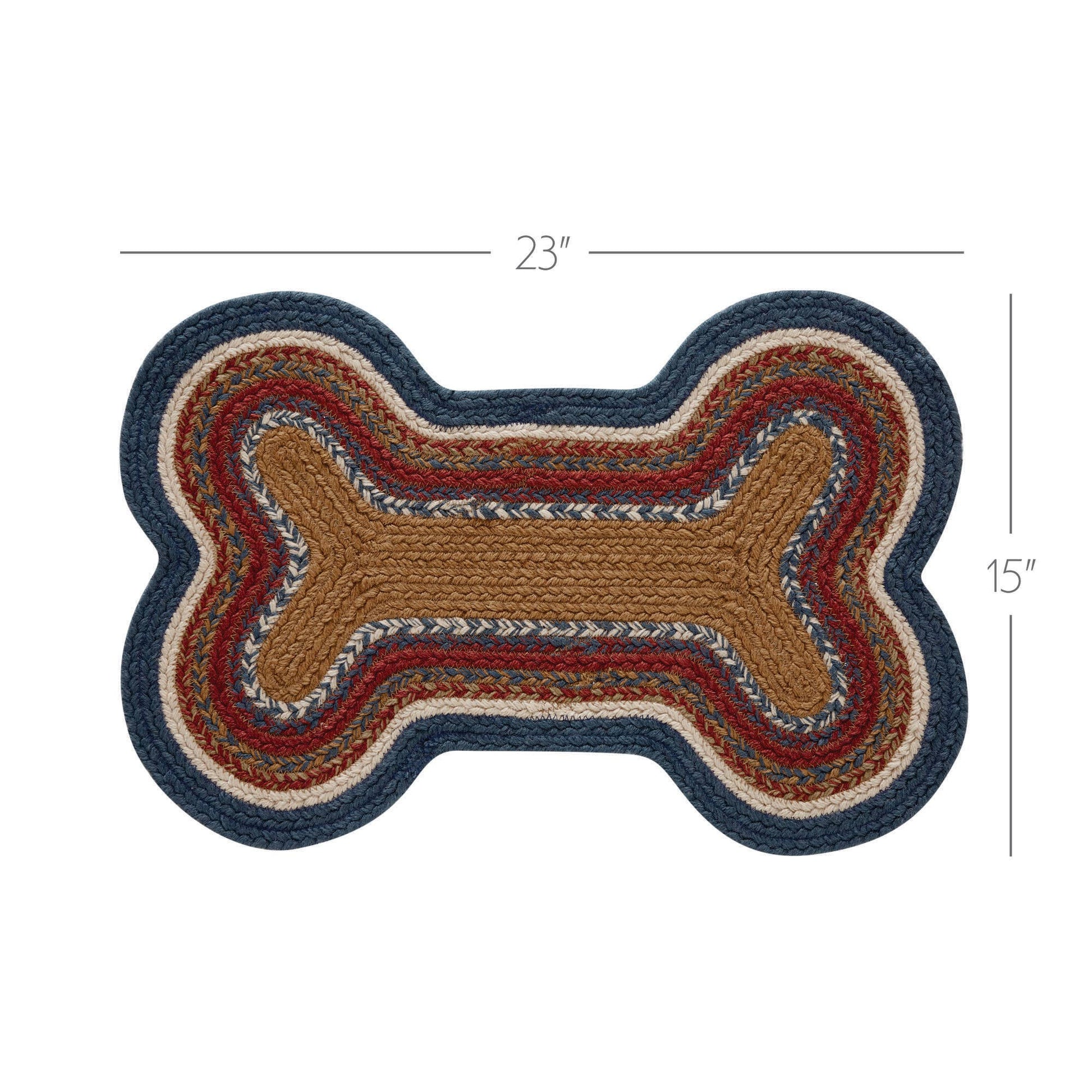 Dog bone-shaped mat with multicolor pattern and measurements on a white background