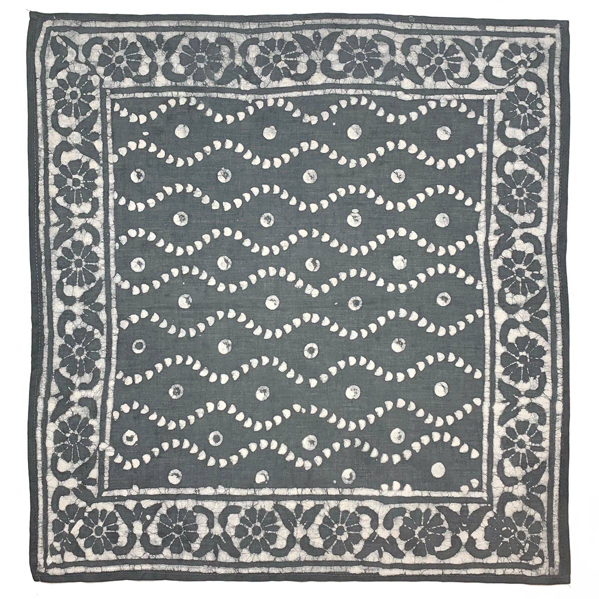 Block Printed Bandana — Blue Wavy Lines & Floral Border