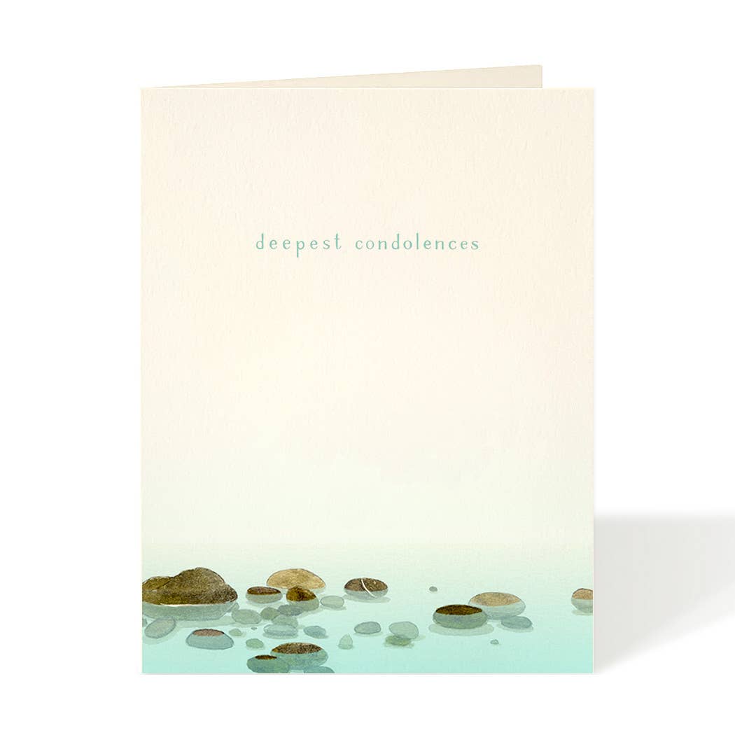 Greeting card with 'deepest condolences' text and watercolor stones design on a white background