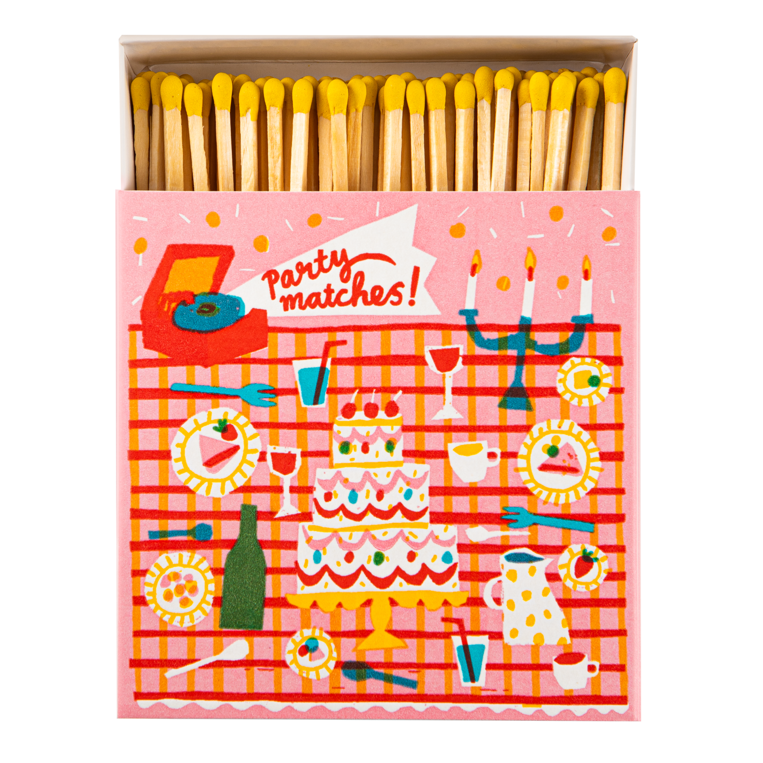 A novelty matchbox with a pink and red party-themed illustration on the front, shown open with yellow-tipped matches inside. The front reads 'Party matches!' and features colorful party icons like a cake, candelabra, drinks, and tableware.