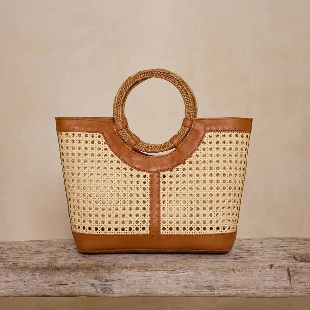 Brown Leather Large Square Cane Weave Tote — Rattan Handle