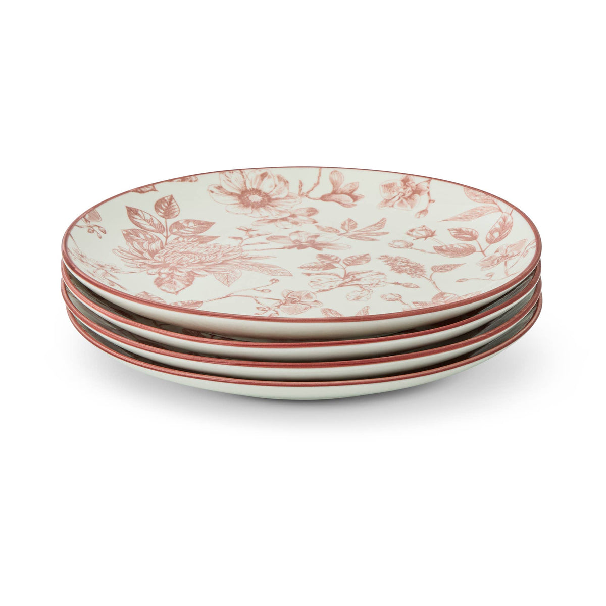 A stack of five ceramic plates with a warm cream background and a delicate reddish-brown floral toile pattern, set against a clean white background.
