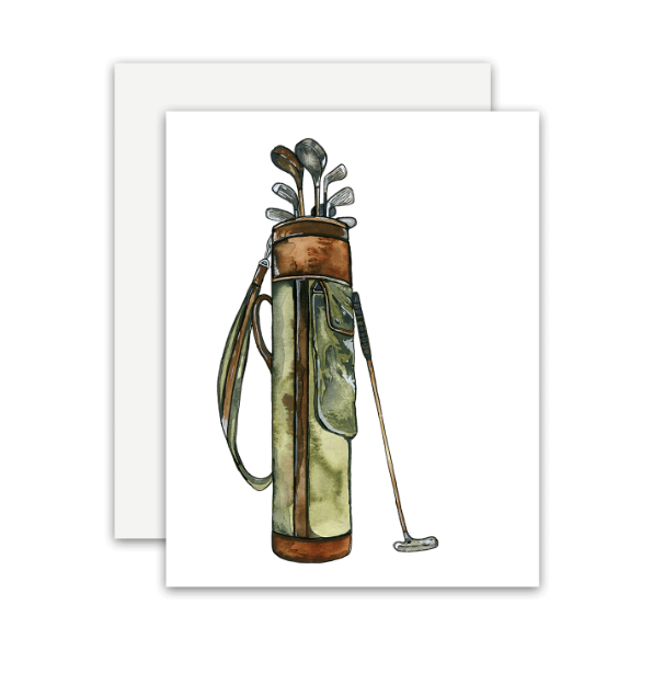 A watercolor-style golf bag with clubs and a club lying beside it, printed on a white card with a second white card partially visible behind it on a light gray background.