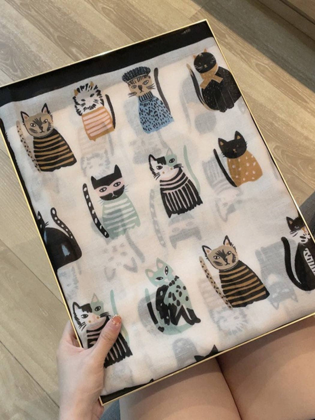 Scarvii - Playful Cat Print Scarf: Black