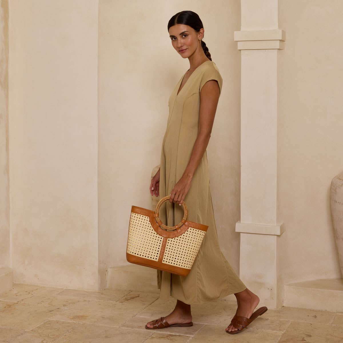 Brown Leather Large Square Cane Weave Tote — Rattan Handle