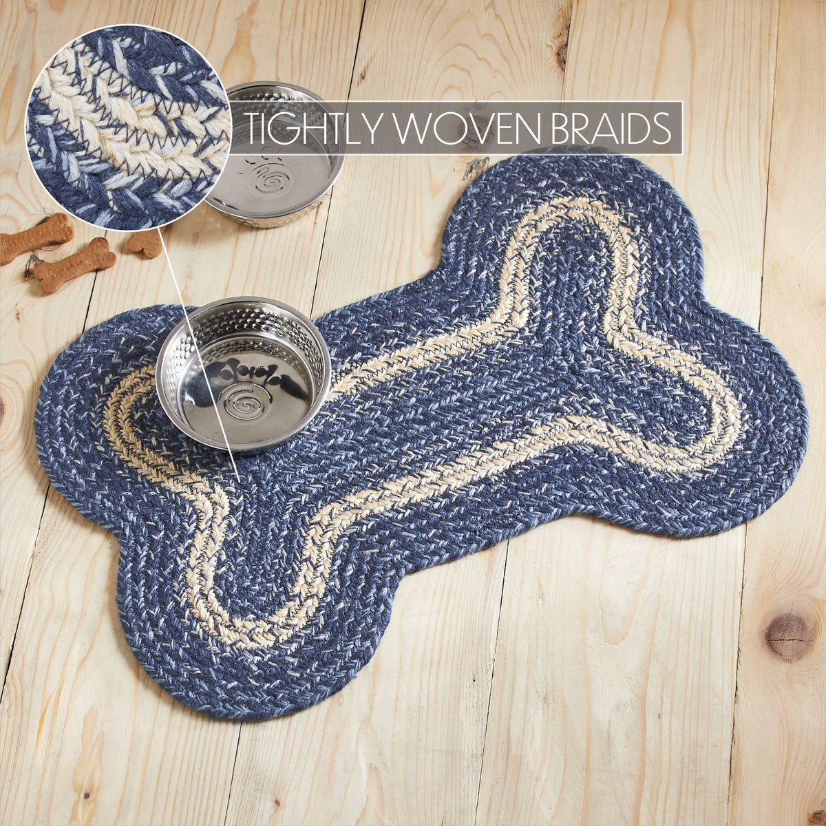 Blue braided mat with a metal bowl on a wooden surface, labeled 'Tightly Woven Braids'.