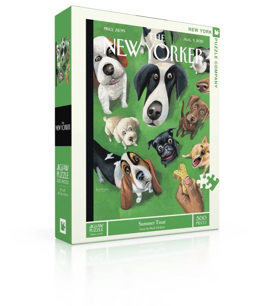 Jigsaw puzzle box featuring illustrations of dogs on a green background