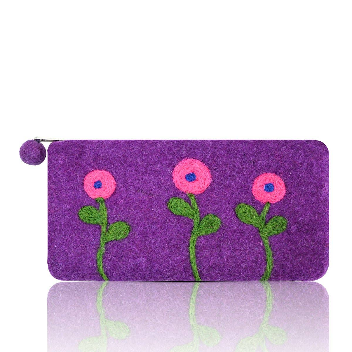 Pink Three Flower Long Purse – Handcrafted Wool Felt