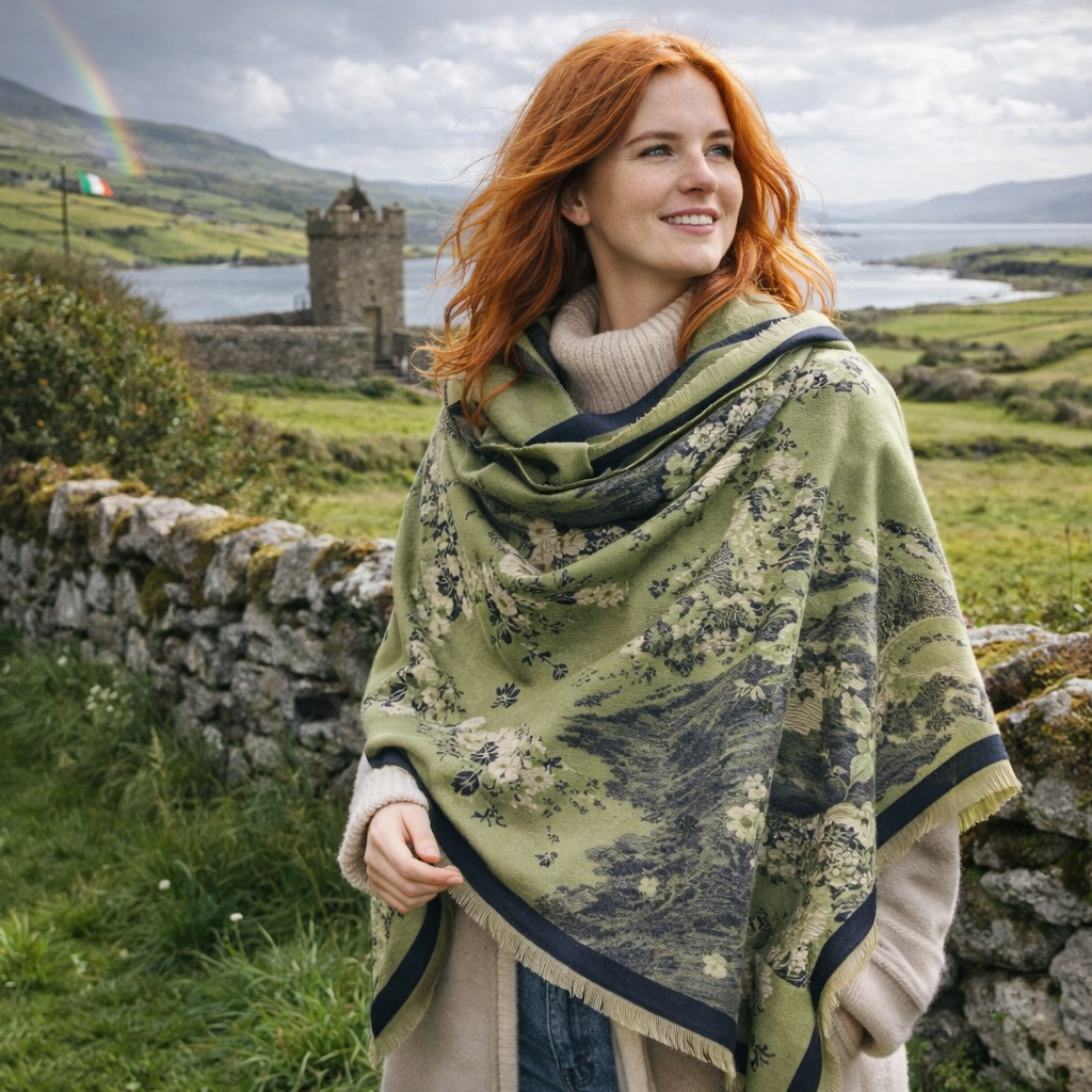 A woman with red hair stands outdoors in a rural landscape wearing a large olive green patterned shawl over a cream turtleneck sweater. A stone wall, grassy fields, water, and a castle are visible in the background.