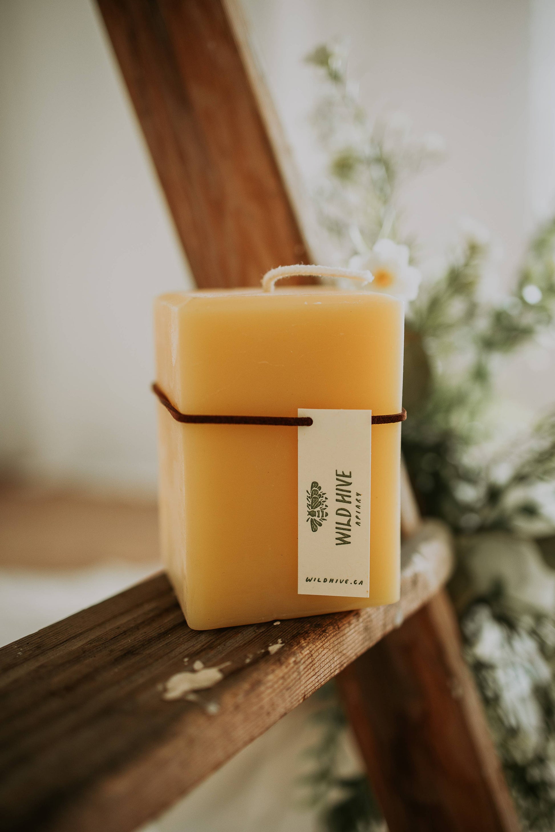 Beeswax candle with 'Wild Hive' label on a wooden surface
