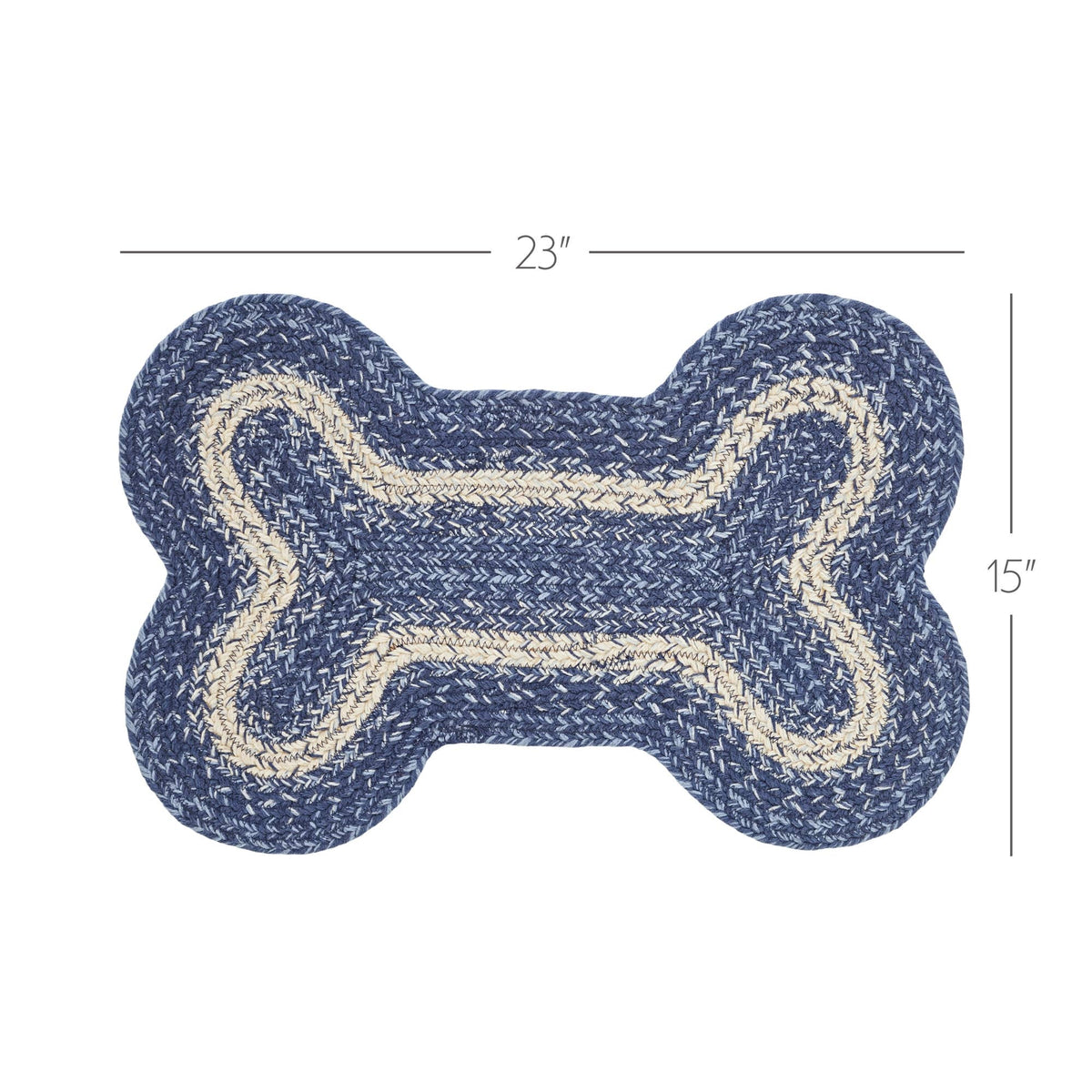 A bone-shaped braided rug in navy blue and cream, shown with dimension lines indicating 23 inches wide and 15 inches high on a white background.