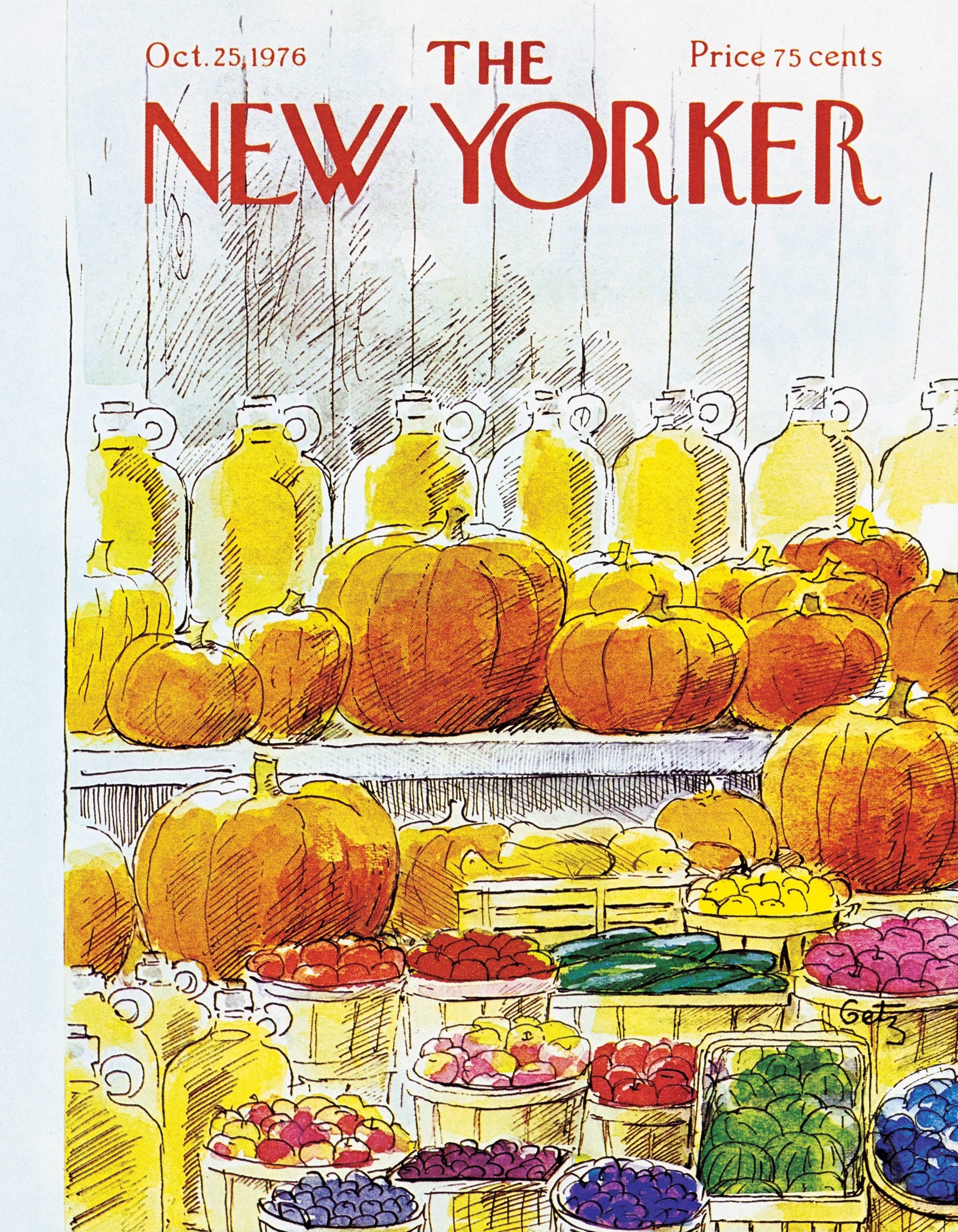 Cover of 'The New Yorker' magazine featuring pumpkins and vegetables.