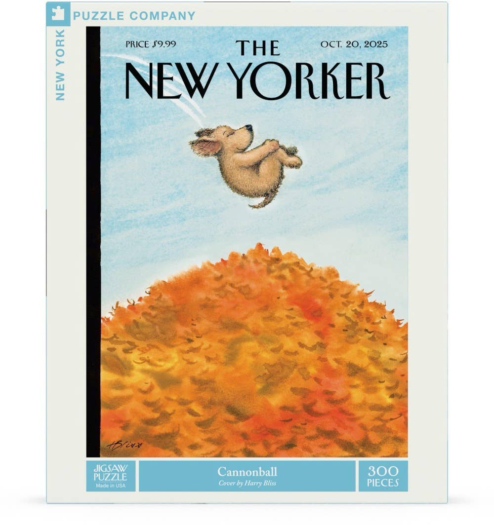 A jigsaw puzzle box featuring The New Yorker magazine cover art. The cover shows a small dog flying above a large pile of orange and yellow autumn leaves against a light blue sky.