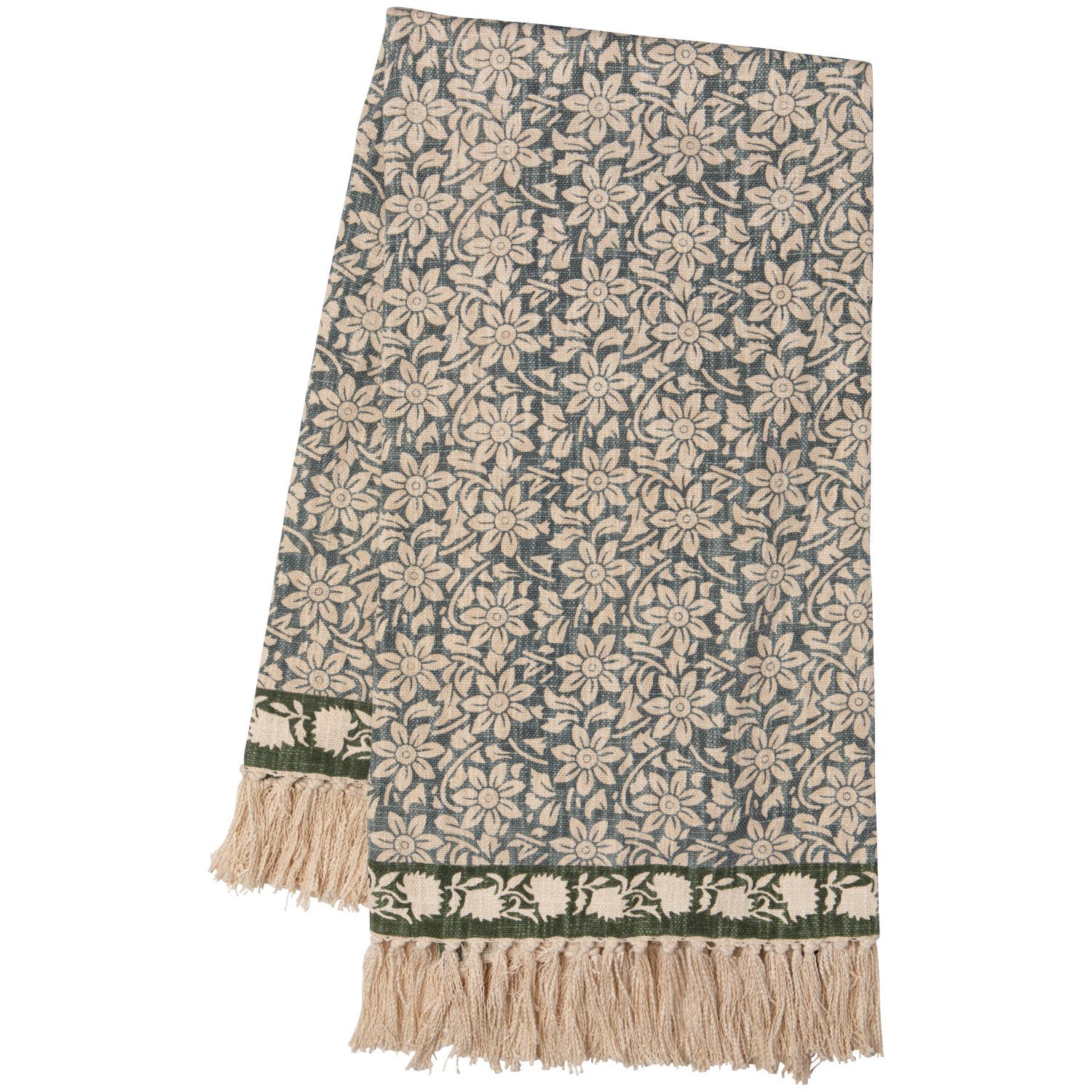 Floral patterned throw blanket with fringe on a white background
