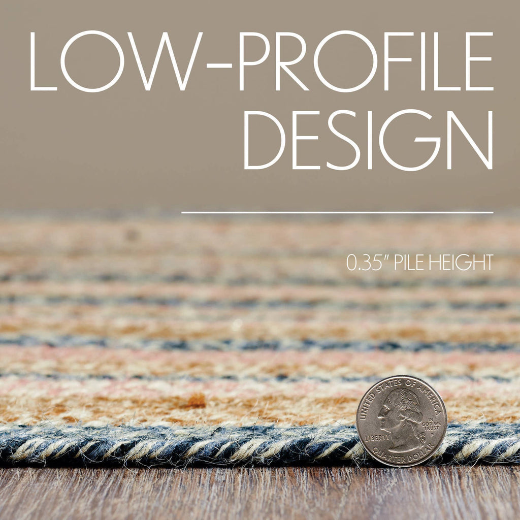 Text 'LOW-PROFILE DESIGN' with a coin on a textured surface to indicate pile height.