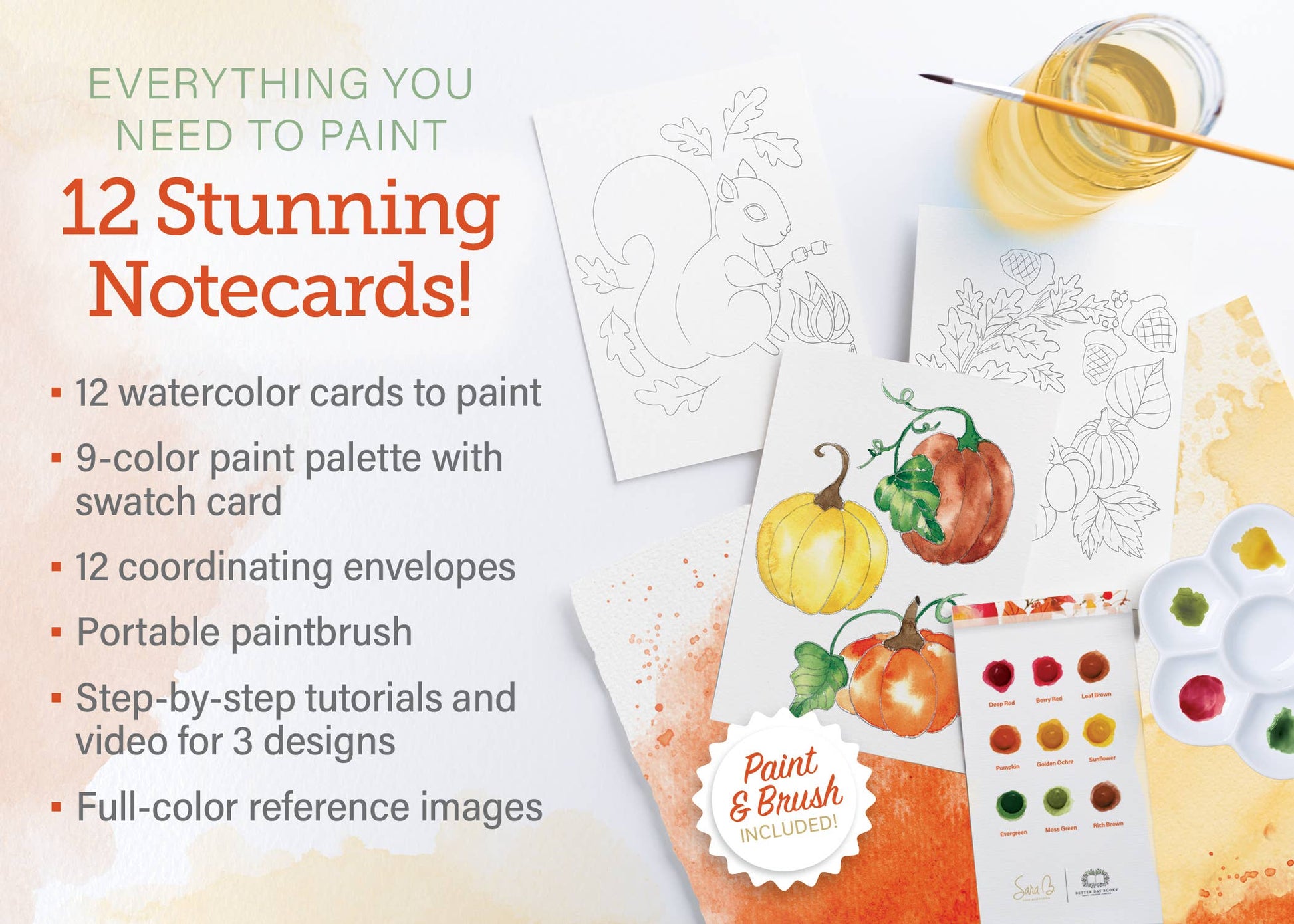 Painting kit with notecards, paint palette, and painting supplies on a white background