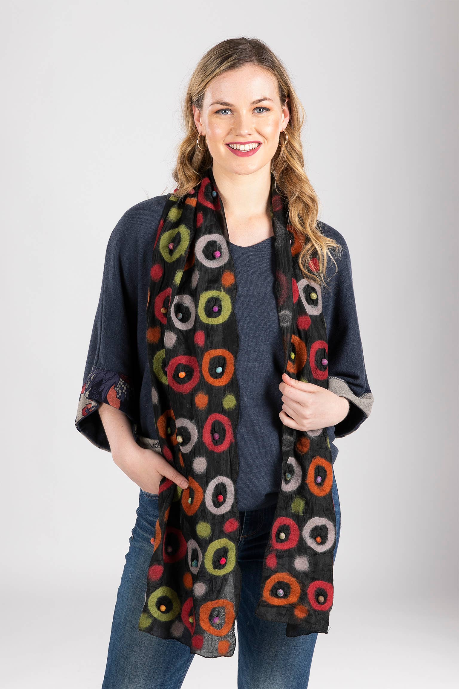 Pom Pom Wool Felted Scarf. SF902: Black