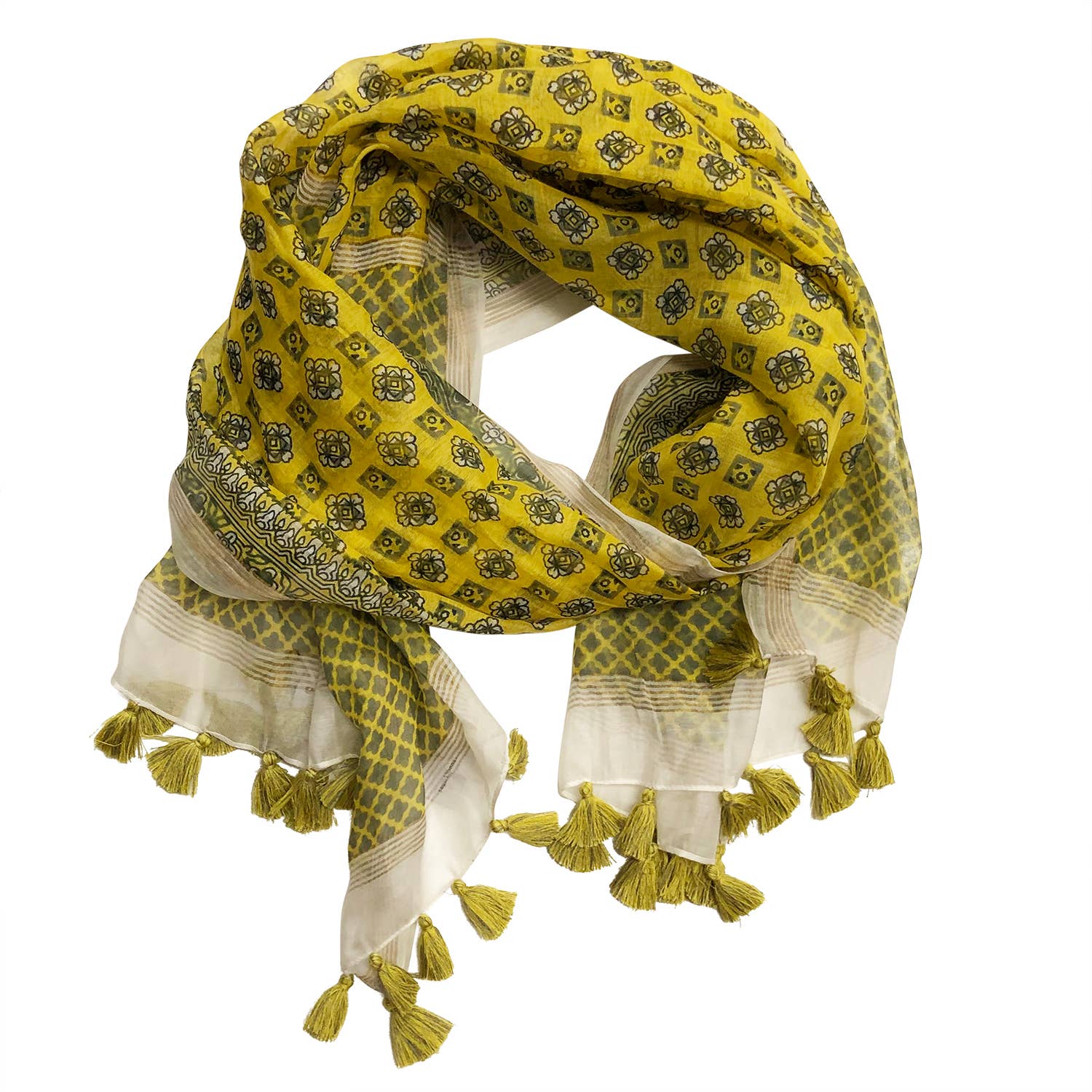 Milana Fringed Cotton Scarf — Yellow