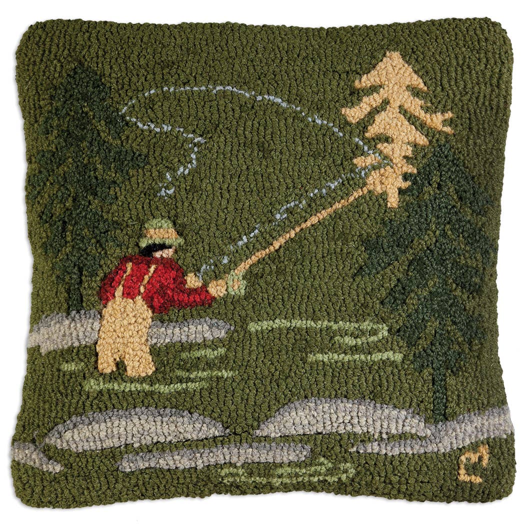Fly Fisherman – Hand Hooked Wool Throw Pillow | 18" x 18"