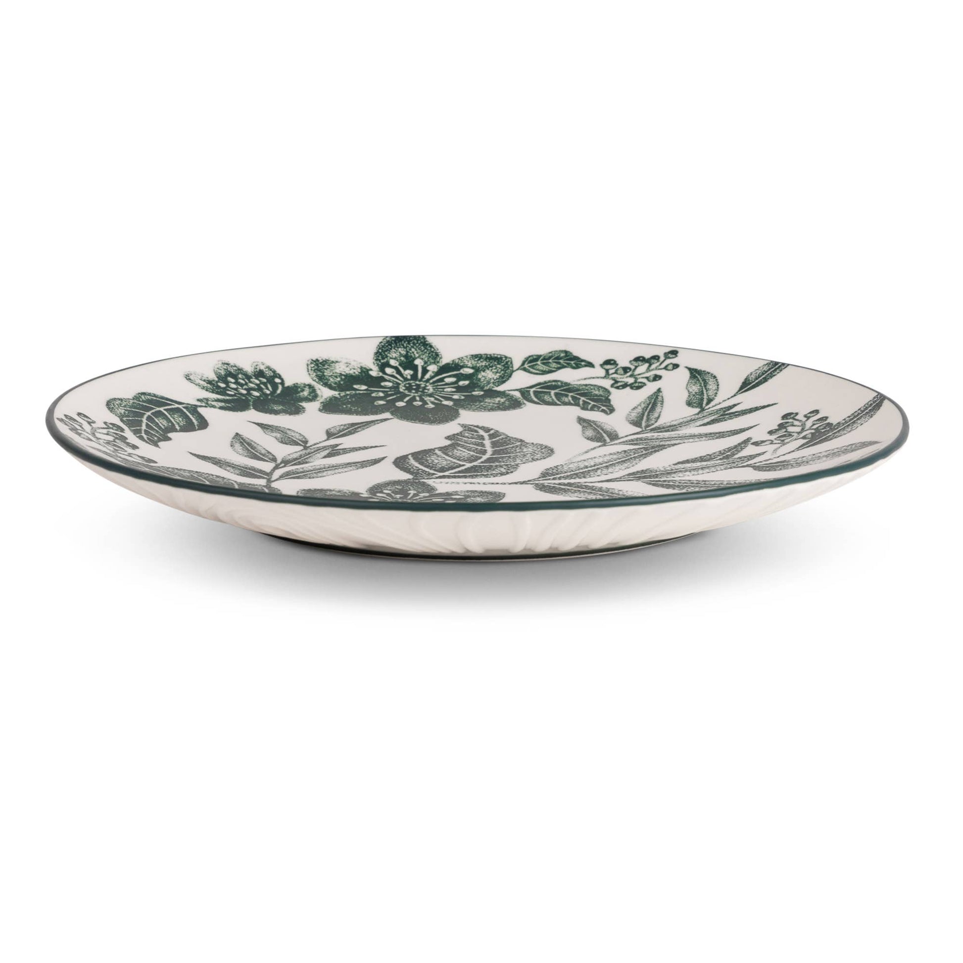 A round ceramic serving plate with a white base decorated with a dark green botanical floral pattern, shown on a clean white background.