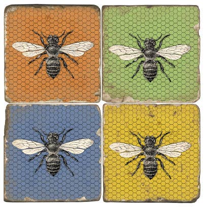 Set of four square coasters featuring vintage-style illustrations of honeybees on a hexagonal honeycomb background, with four distinct colors: orange, green, blue, and yellow.
