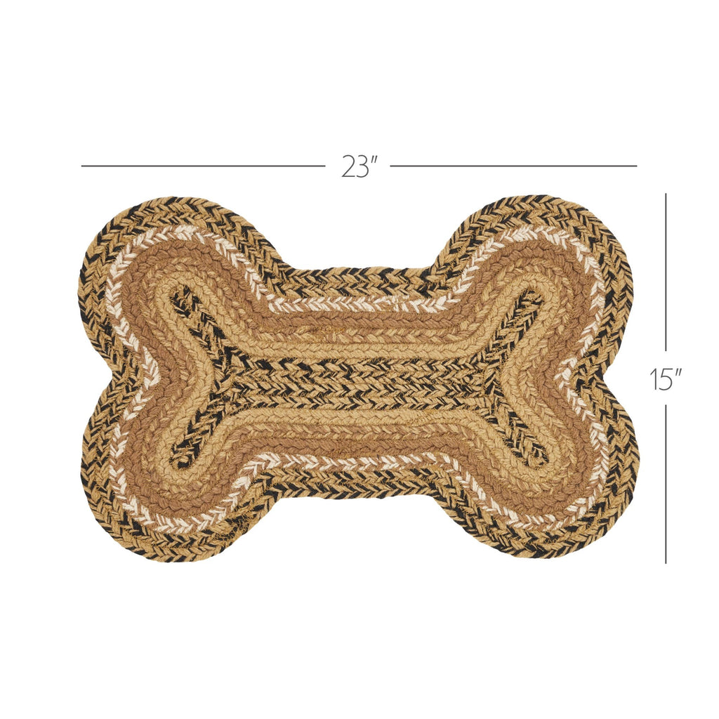 Dog bone-shaped mat with braided texture and measurements on a white background