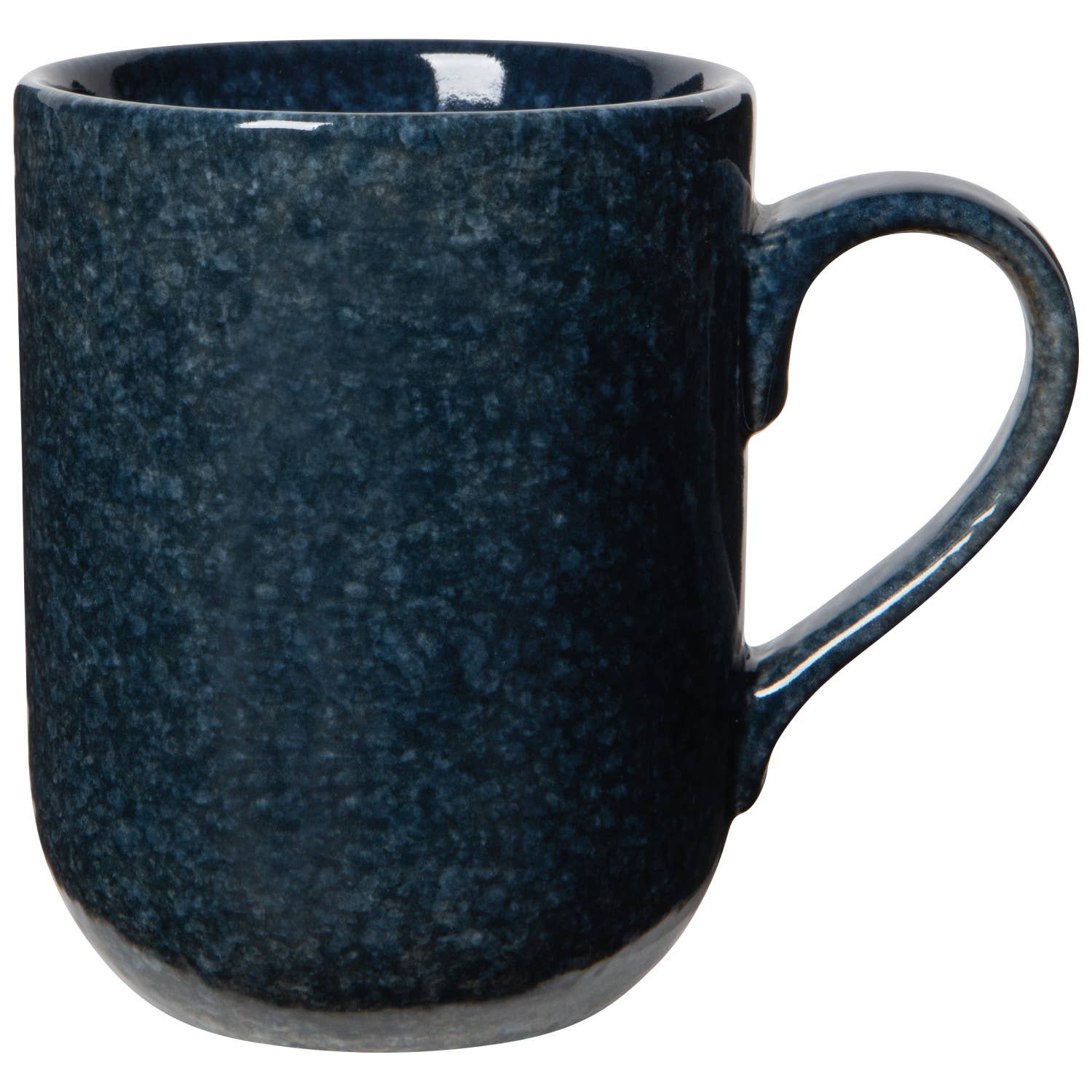 A dark blue speckled ceramic mug with a glossy finish and a curved handle, shown against a plain white background.