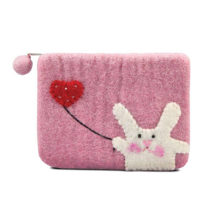 Pink Bunny with Flying Heart Design Coin Purse – Handcrafted Wool Felt