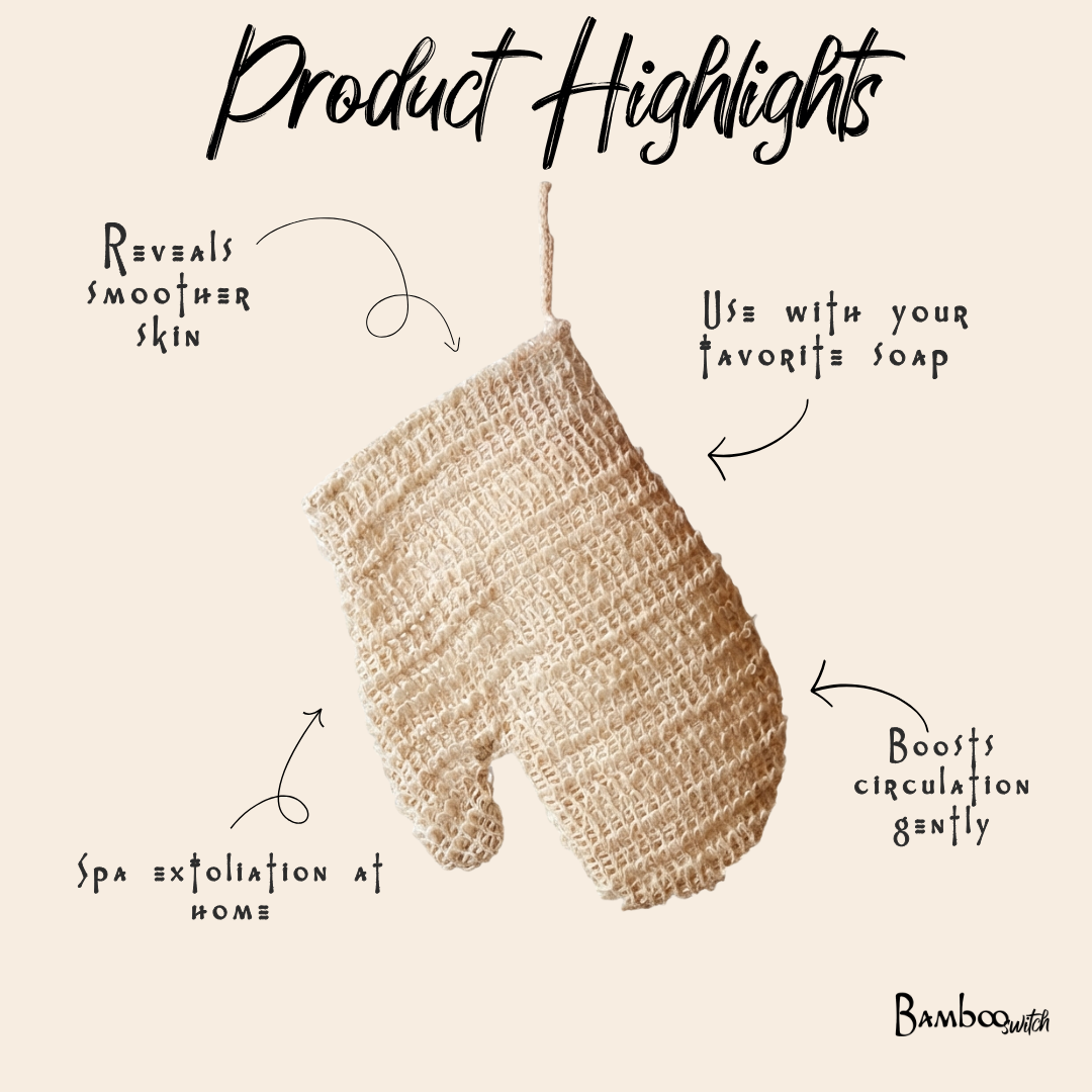 Beige exfoliating glove with text highlighting its benefits on a white background