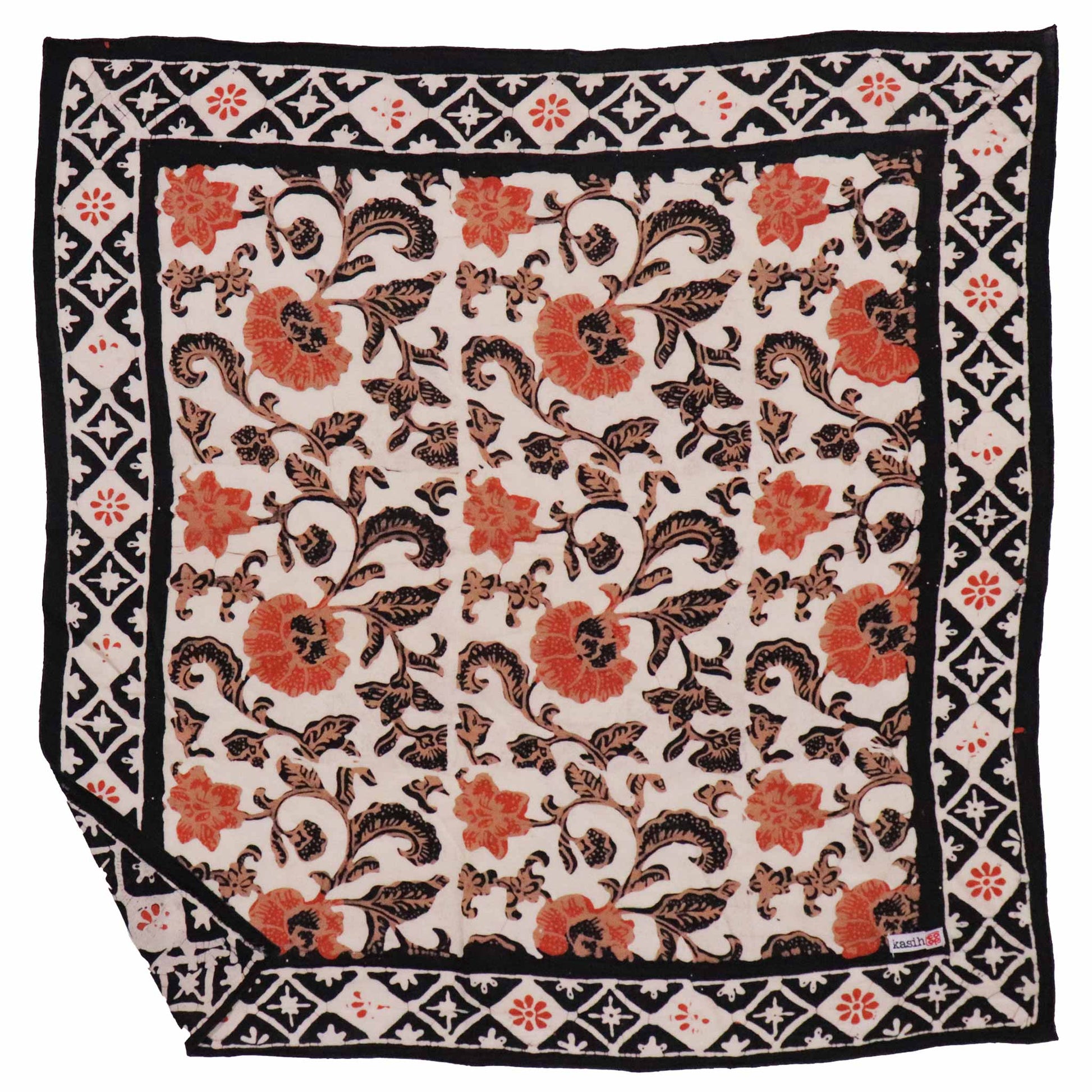 Decorative fabric with floral and geometric patterns on a white background