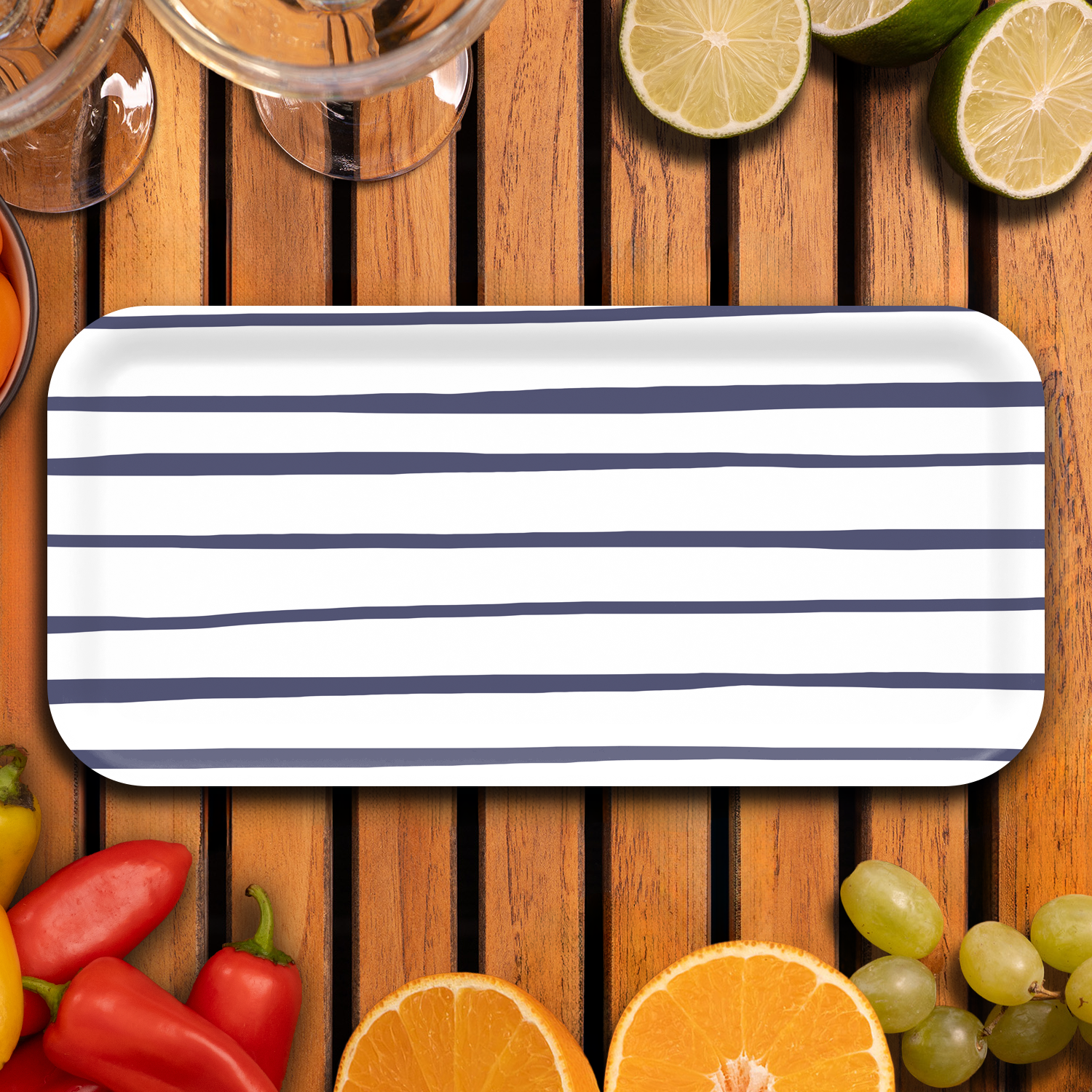 Navy Stripe Large Serving Tray — Sara Fitz, FSC-Certified Birchwood, Coastal New England