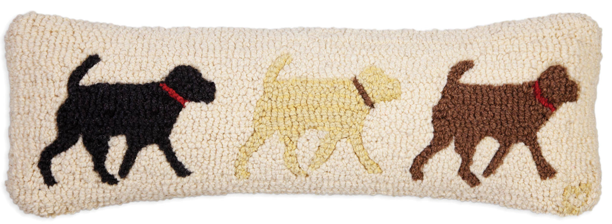 A rectangular hand-hooked rug with a cream background featuring three stylized walking dogs in black, pale yellow, and brown, each with a red collar.