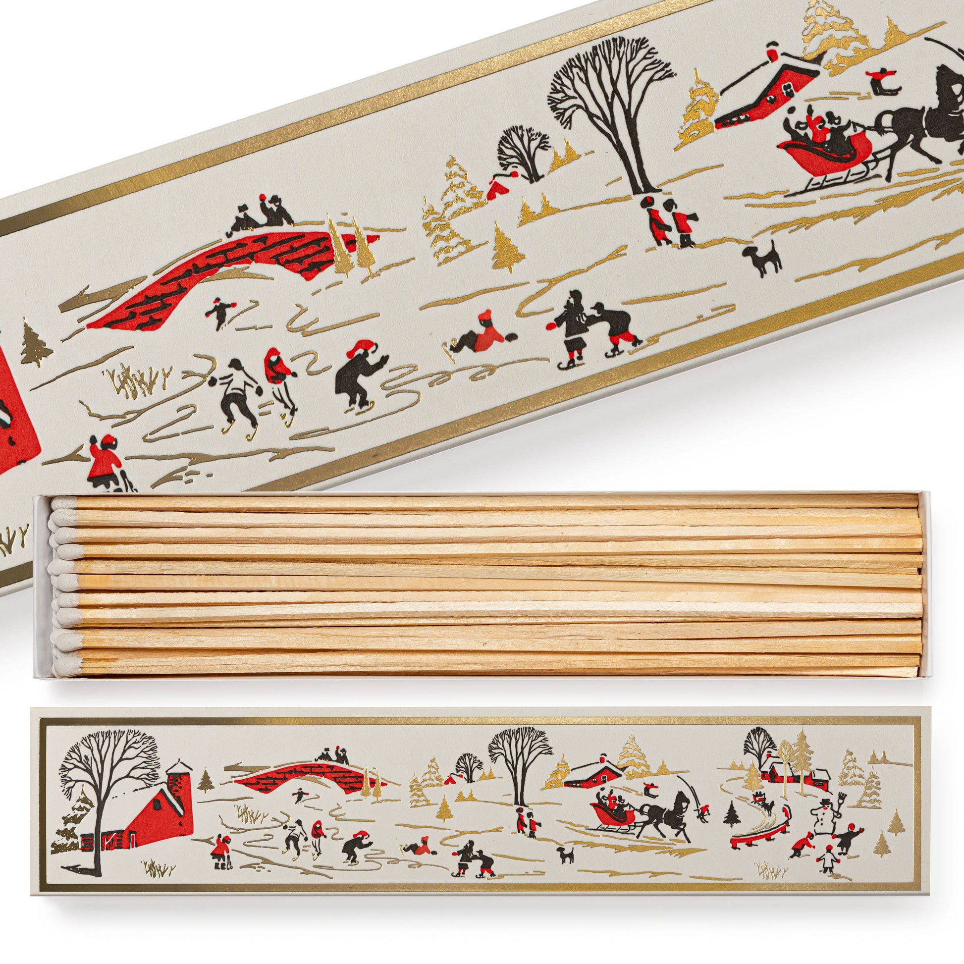 Set of wooden matches with a decorative box featuring winter scenes.