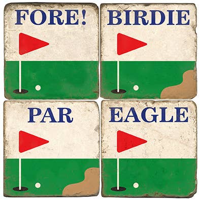 Four square golf-themed coasters or tiles arranged in a 2x2 grid, each showing a green putting green scene with a red flag, blue text reading FORE!, BIRDIE, PAR, or EAGLE, and a distressed off-white background.