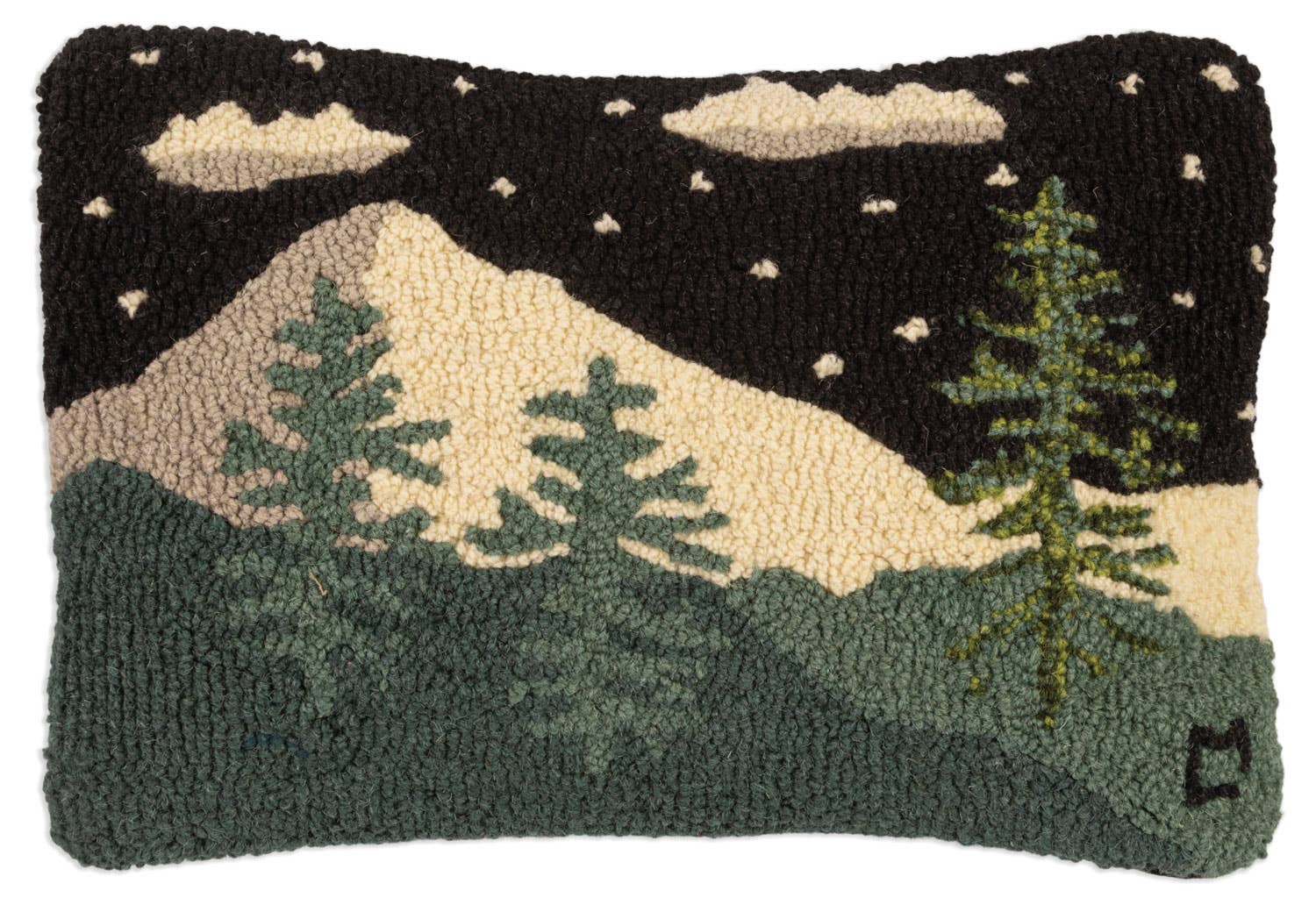 A rectangular hand-tufted rug featuring a mountain landscape under a starry night sky. The design includes a cream-colored mountain, dark green pine trees, and a black sky with cream clouds and stars.