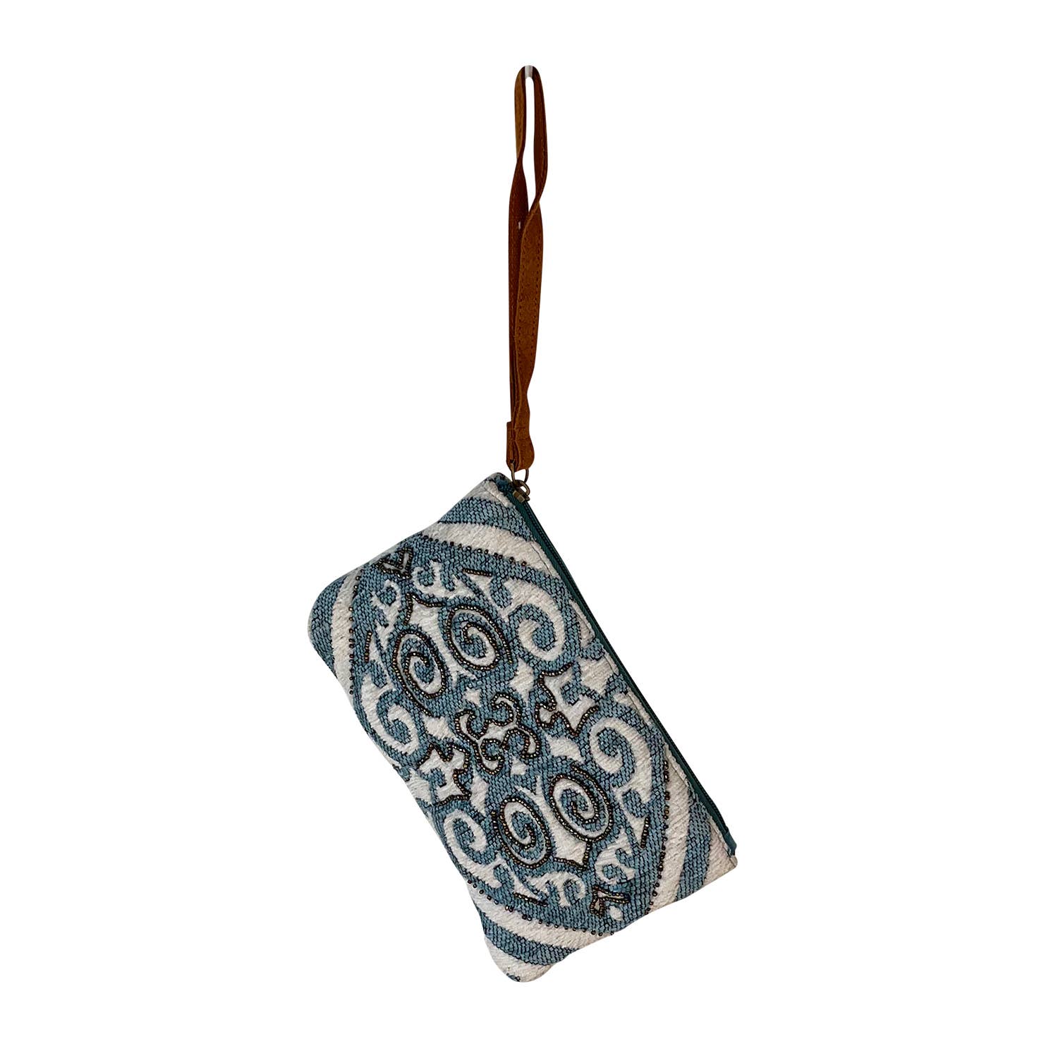 Blue White Scroll Print Wristlet