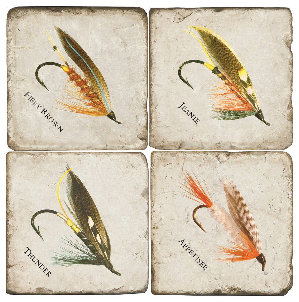 Four square decorative coasters arranged in a 2x2 grid, each featuring a different vintage-style fishing fly illustration with the names Firey Brown, Jeanie, Thunder, and Appetiser printed below.