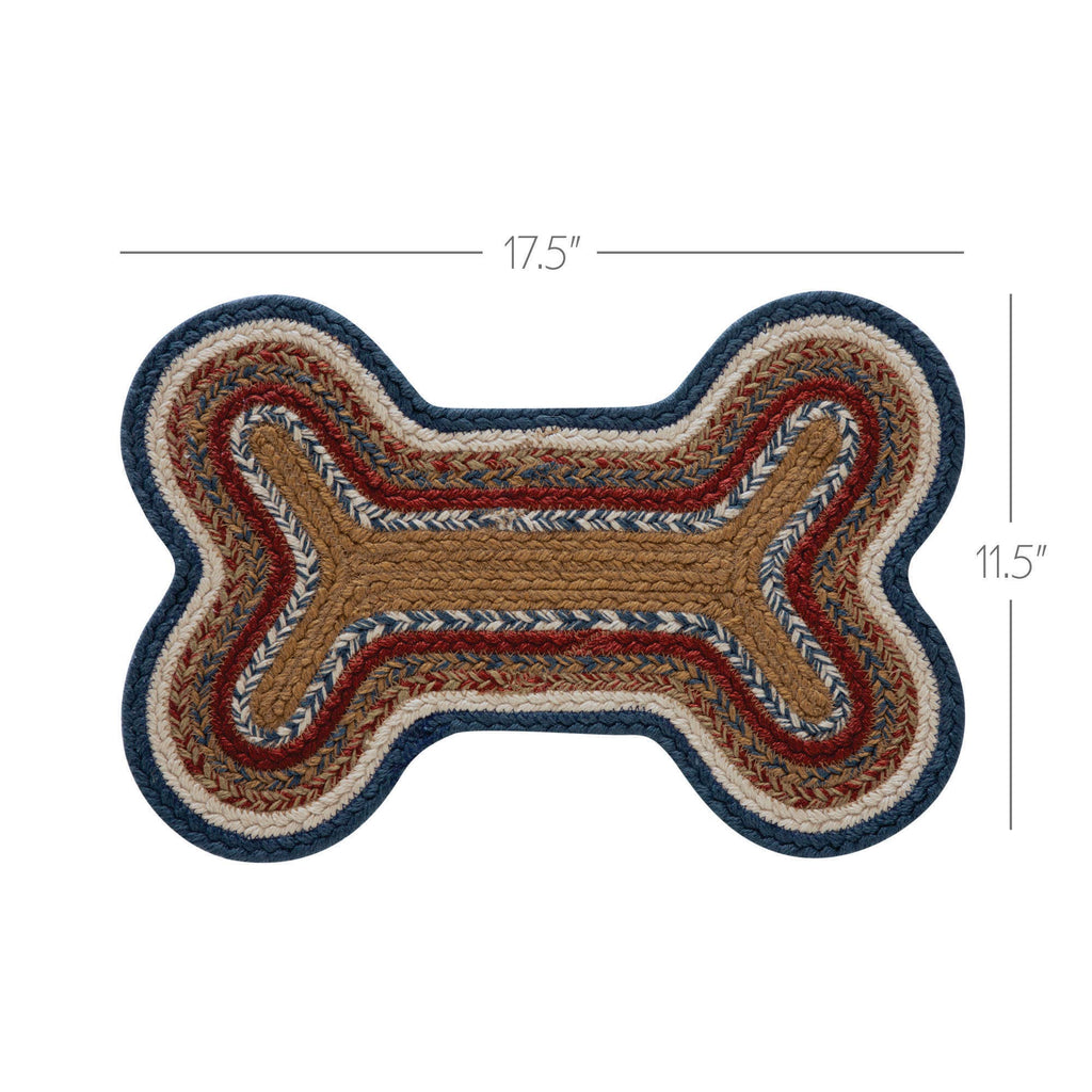 Dog bone-shaped mat with braided design and measurements on a white background