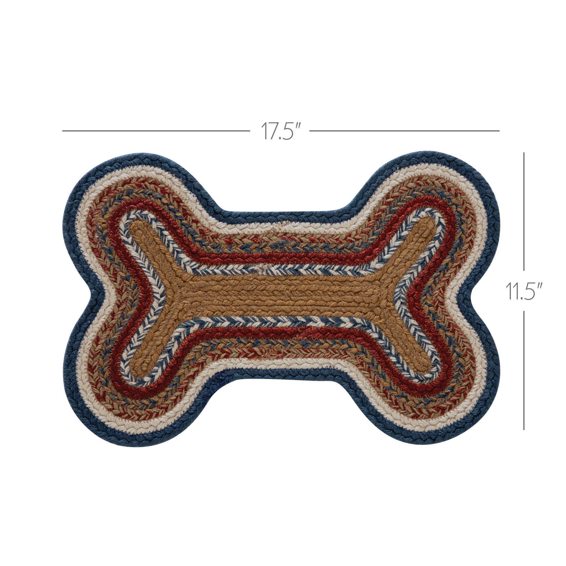 Dog bone-shaped mat with braided design and measurements on a white background