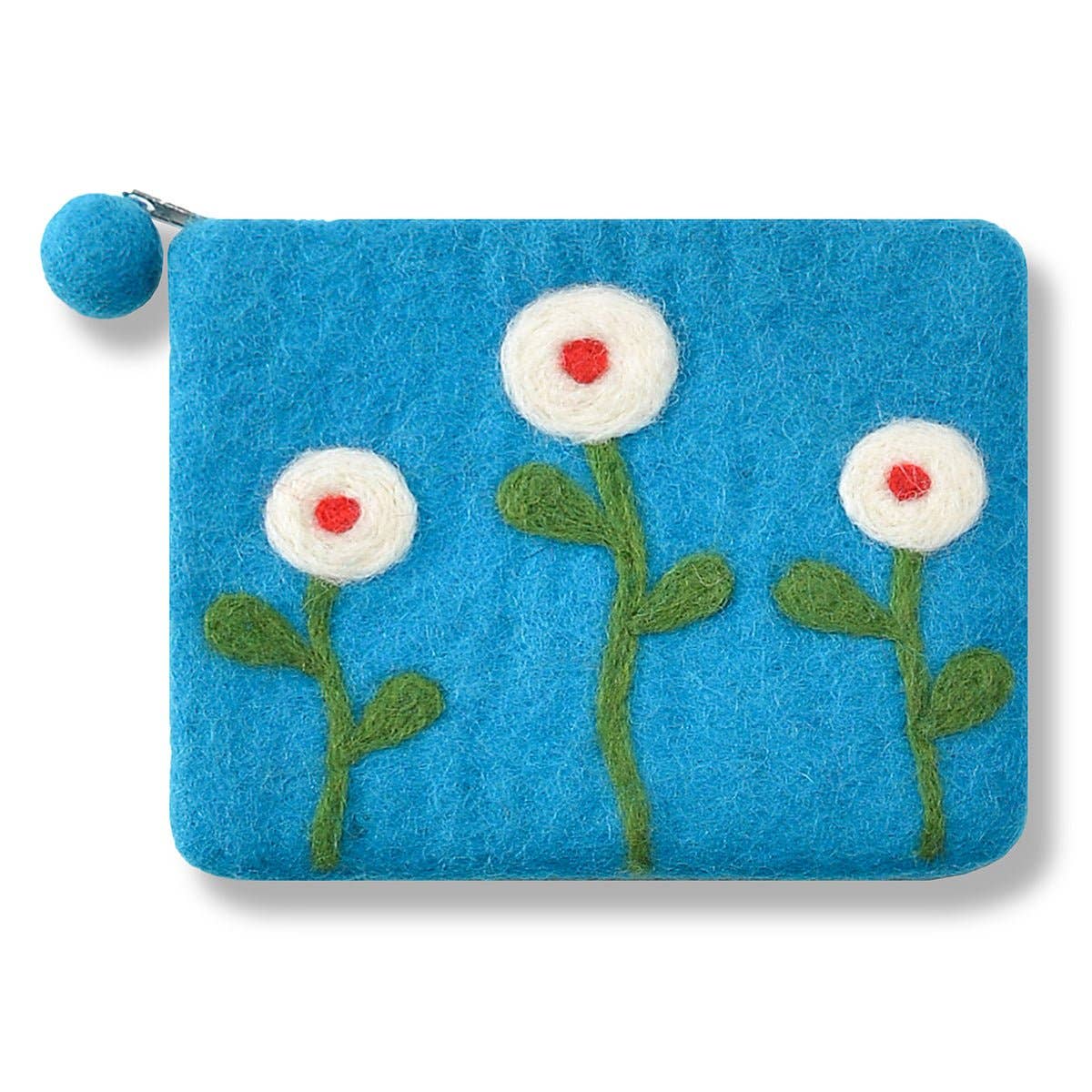 Aqua Three Needle Flower Coin Purse – Handcrafted Wool Felt