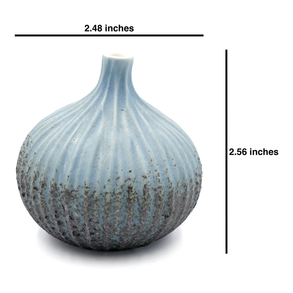 A small bulb-shaped vase with a ribbed texture and a narrow neck, shown on a white background with dimension lines indicating a width of 2.48 inches and a height of 2.