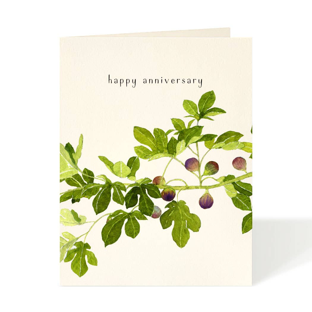 Greeting card with green leaves and berries design and 'happy anniversary' text on a white background