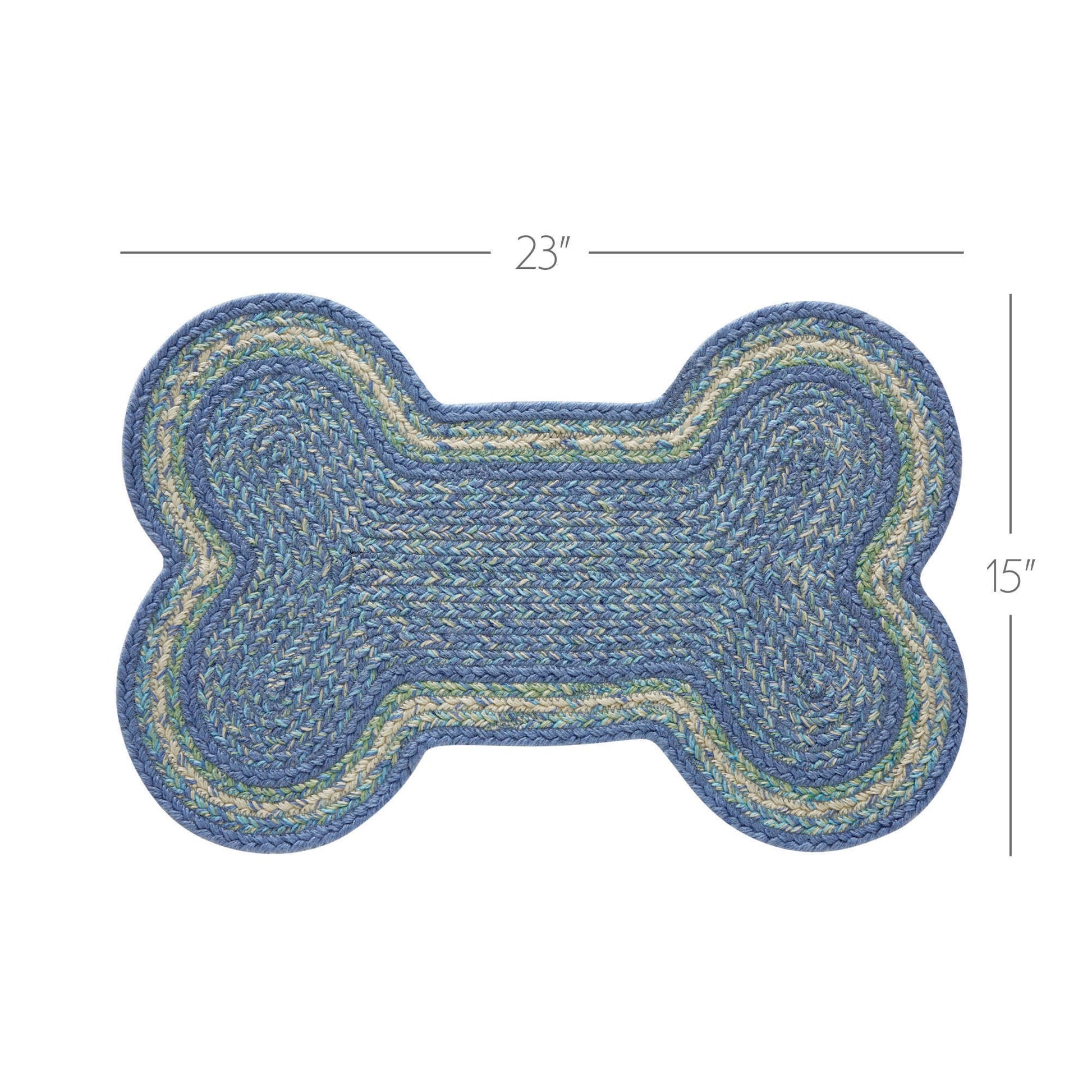 Blue bone-shaped rug with measurements on a white background