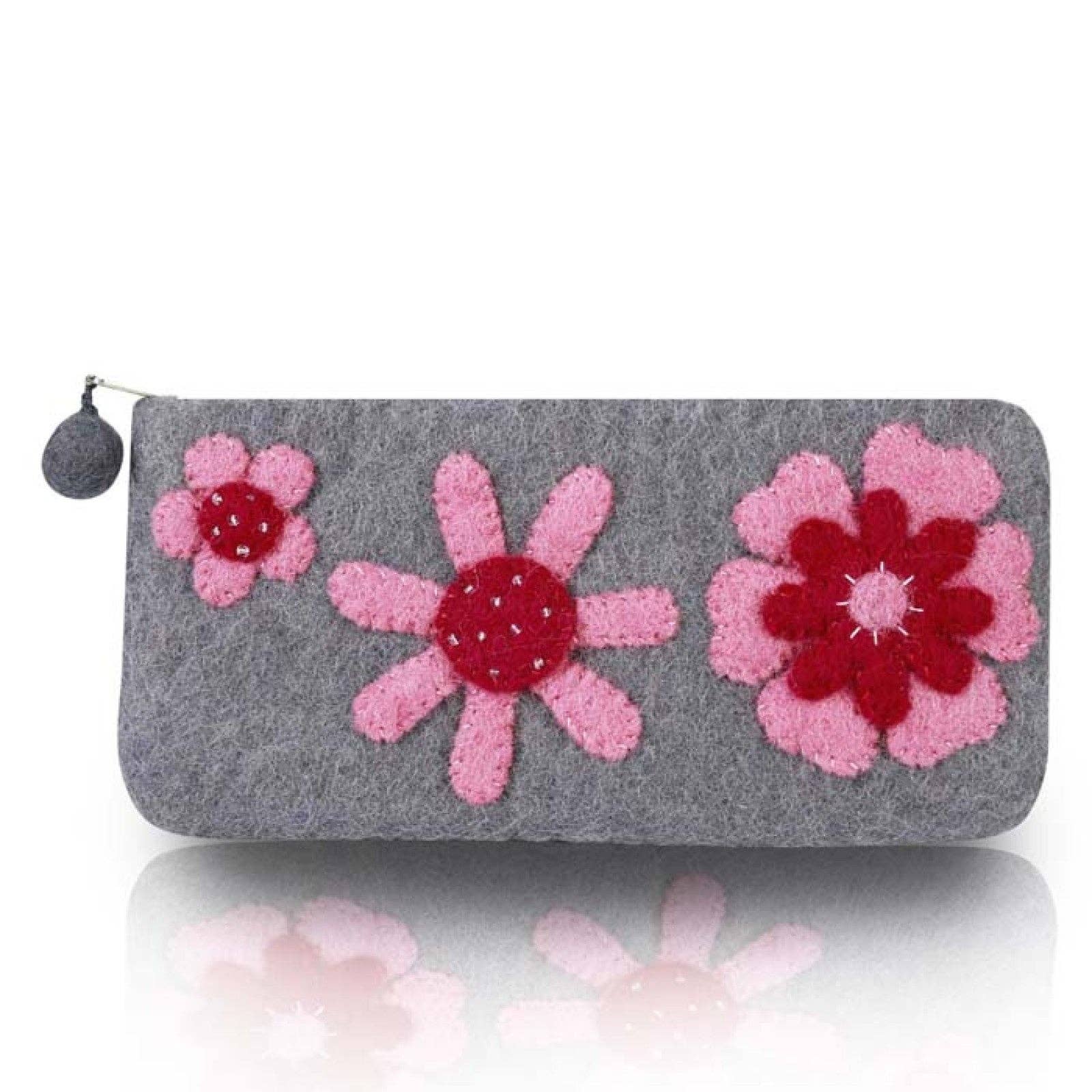 Grey Three Flowers Attached Pencil Case