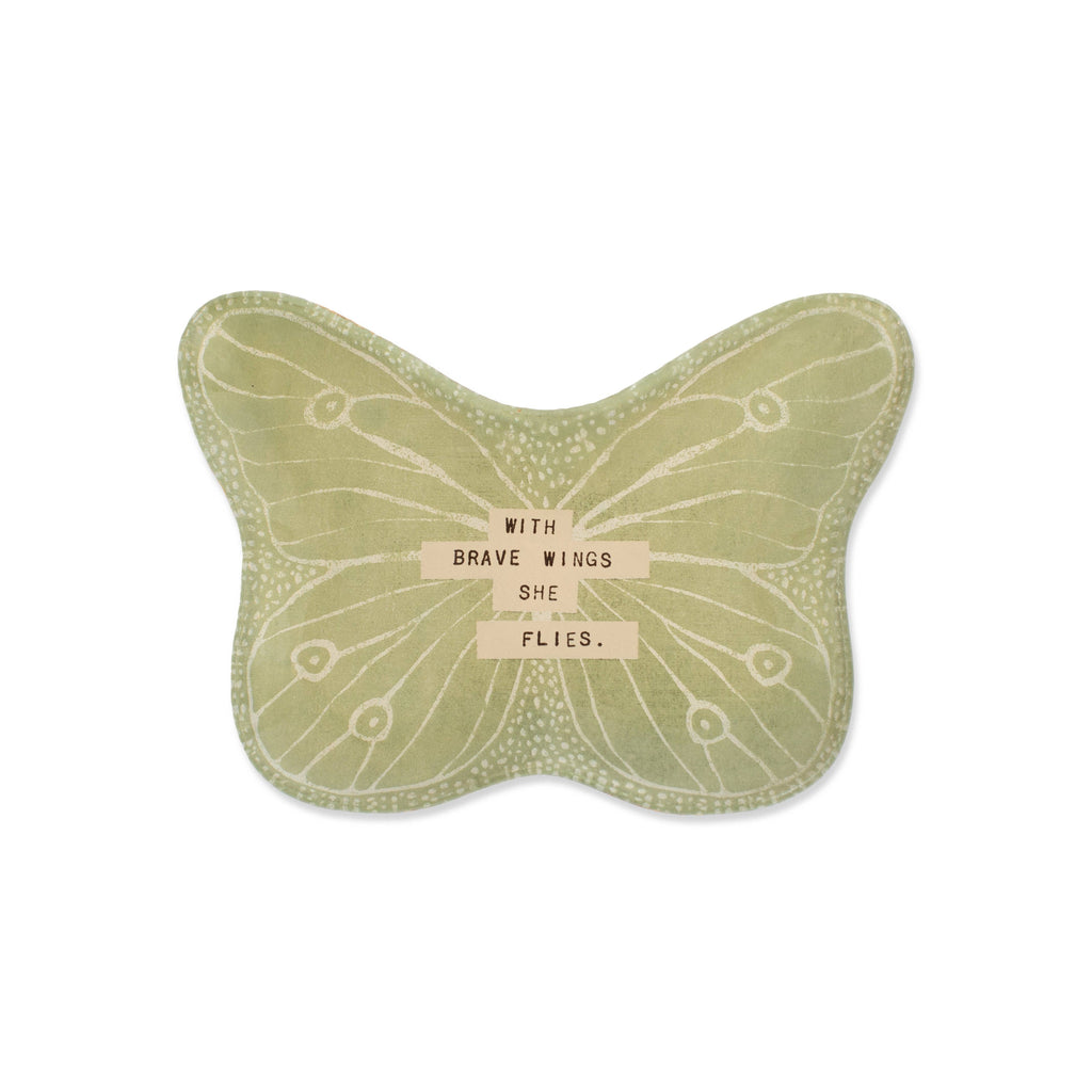 Butterfly-shaped green card with 'With Brave Wings She Flies' text on a white background