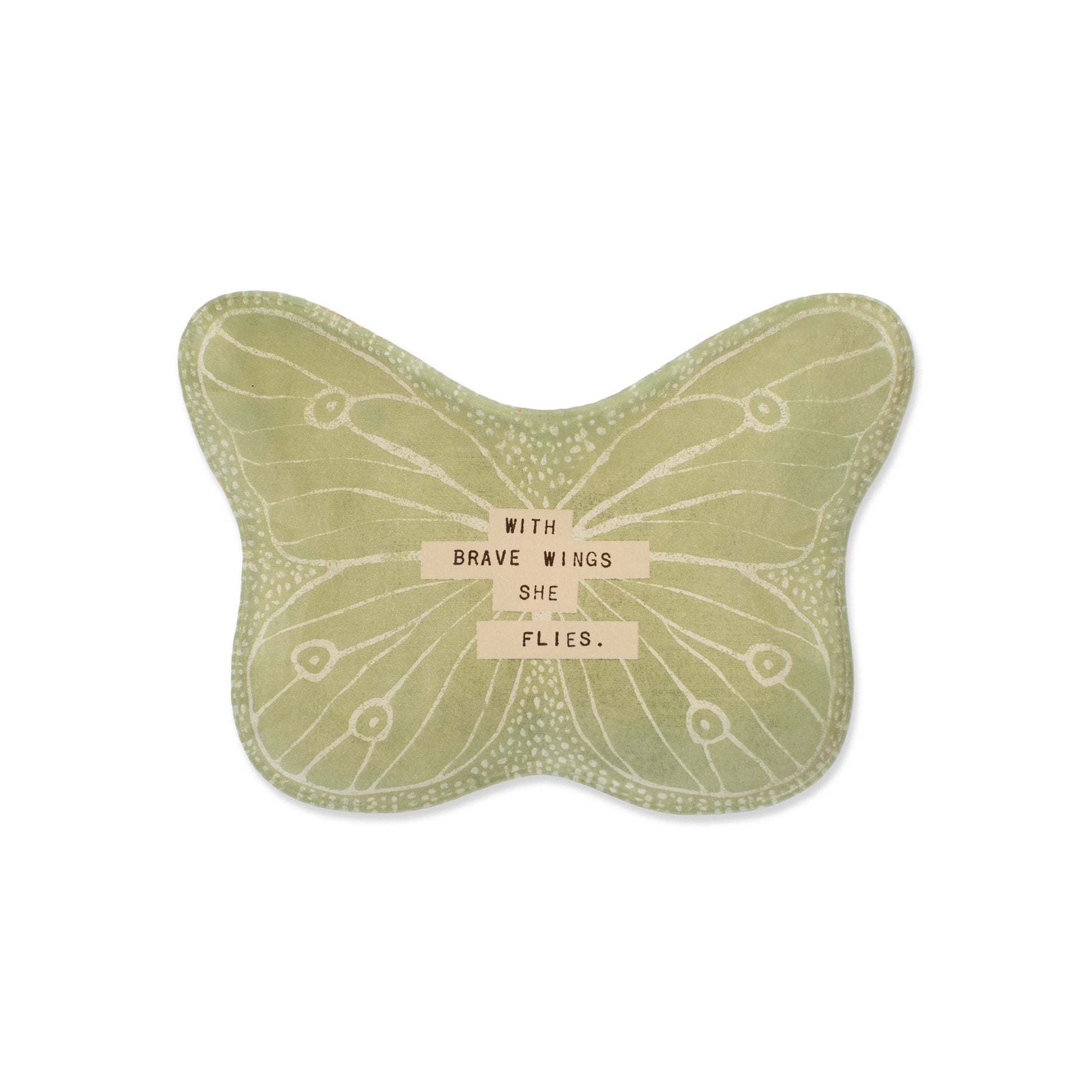 Butterfly-shaped green card with 'With Brave Wings She Flies' text on a white background