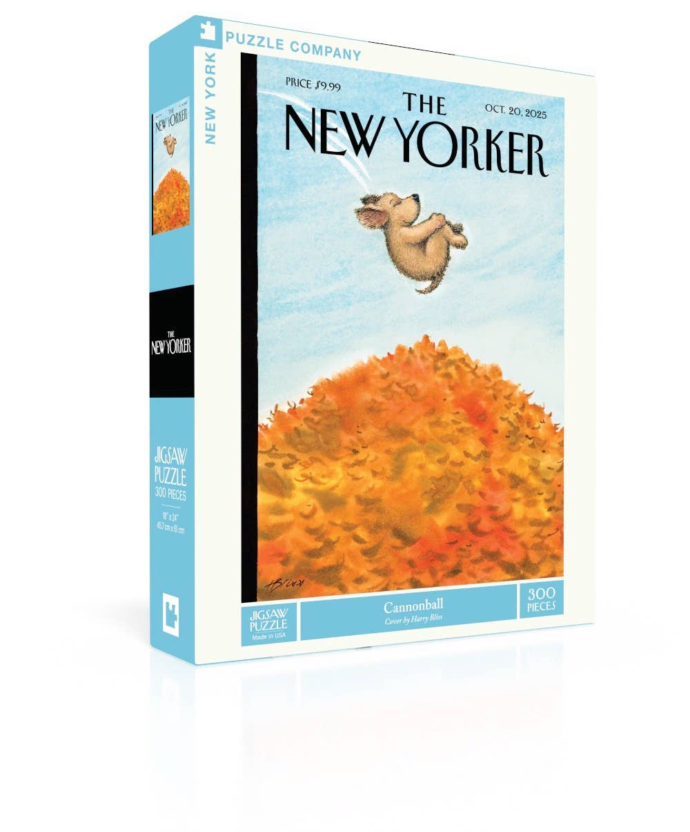 A 300-piece jigsaw puzzle box featuring The New Yorker magazine cover art, with a light blue spine and front cover showing the iconic cartoon dog over an orange autumn hill.