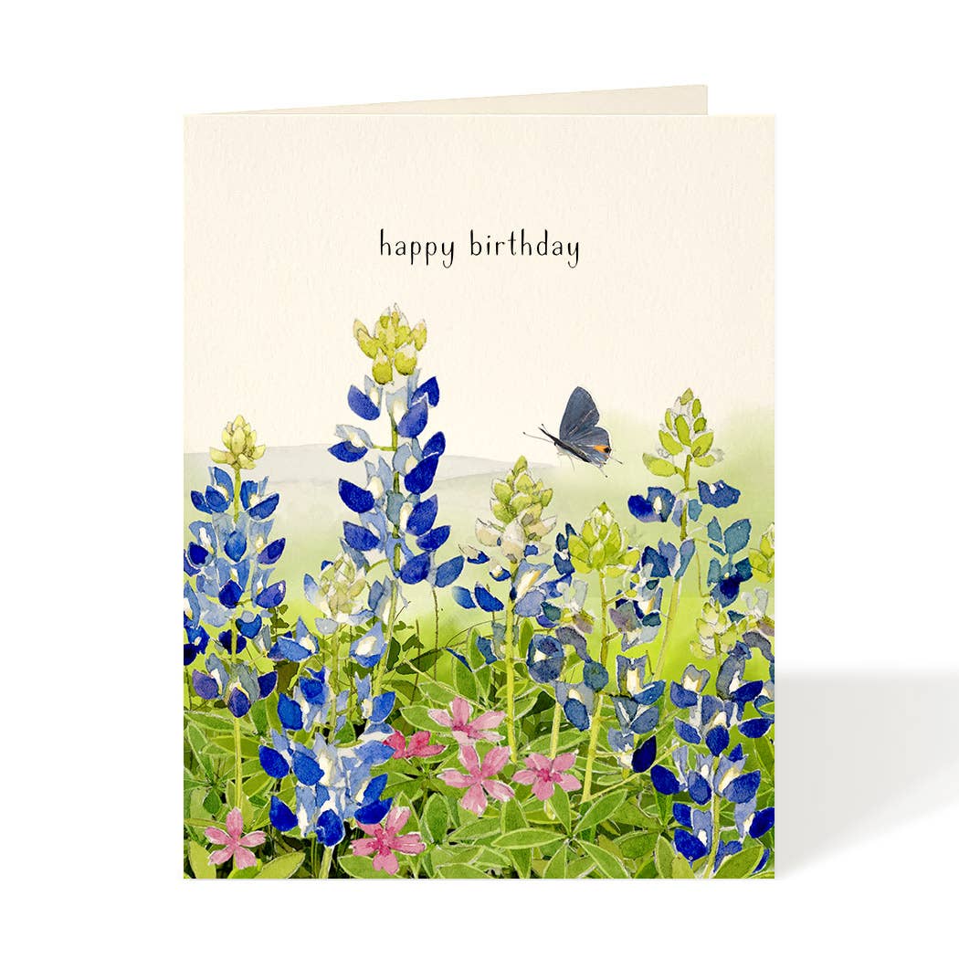 Birthday card with bluebonnet flowers and a butterfly on a white background
