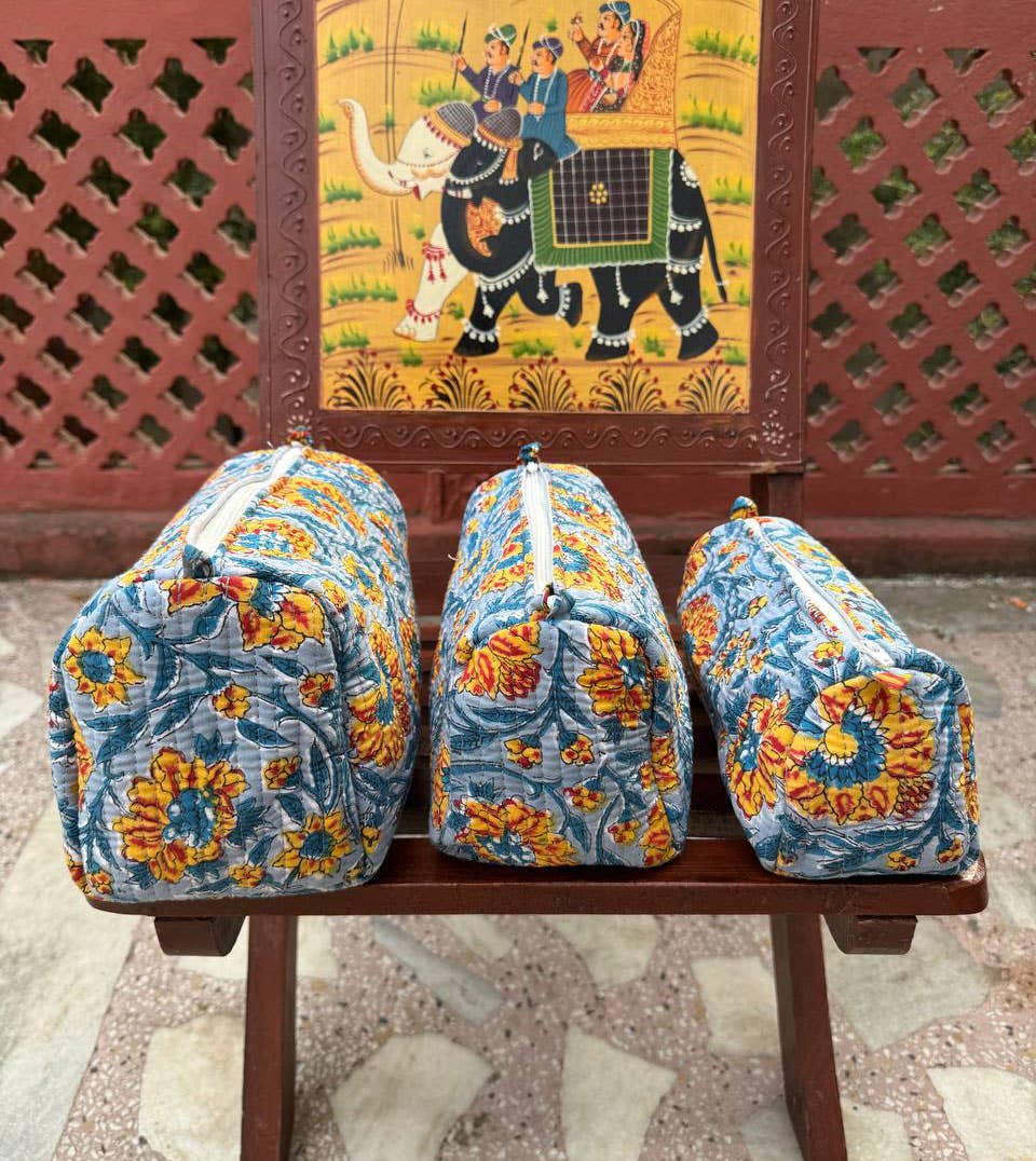 Medium Cotton Quilted Toiletry Bag Block Printed