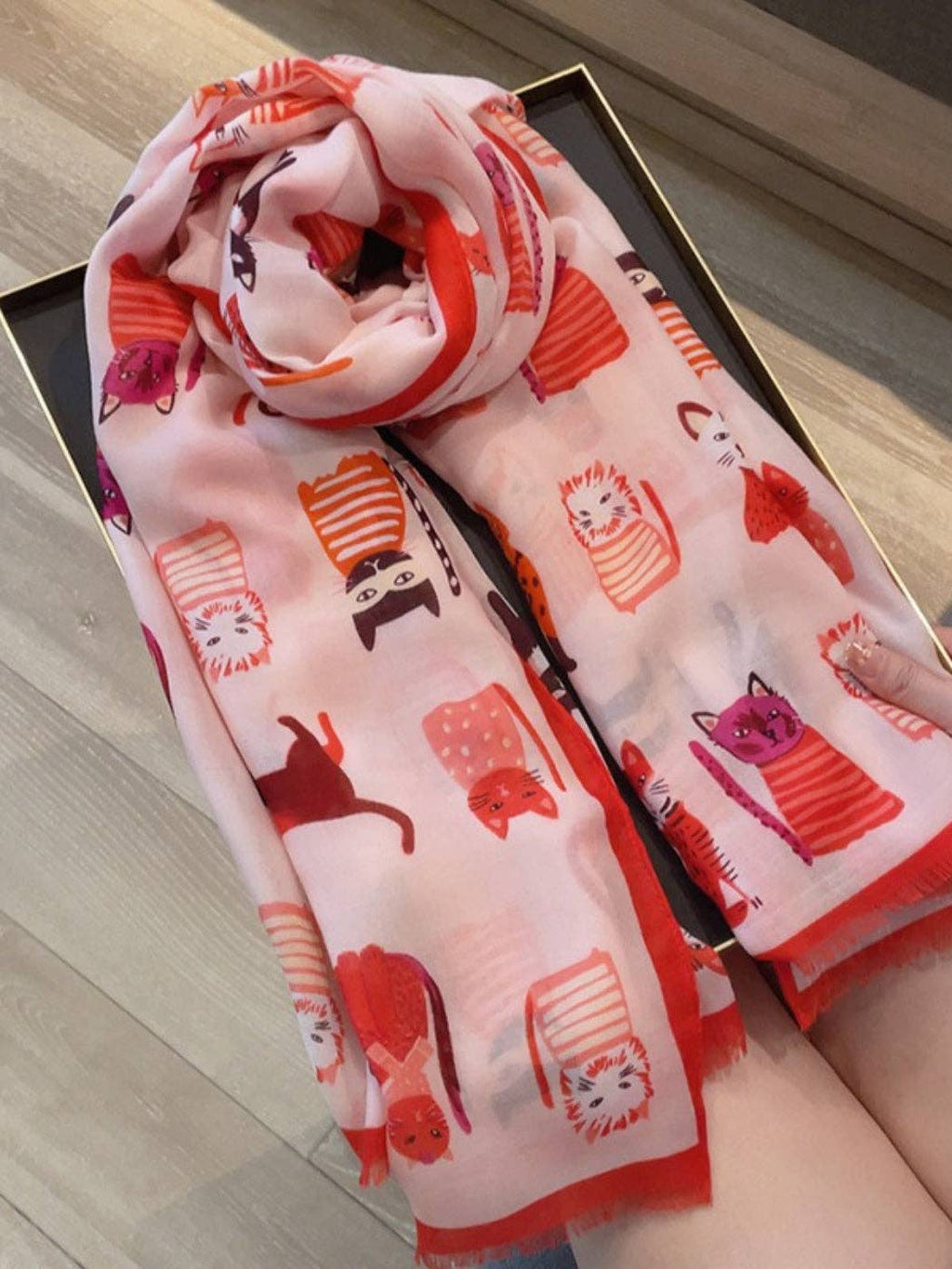 Scarvii - Playful Cat Print Scarf: Black